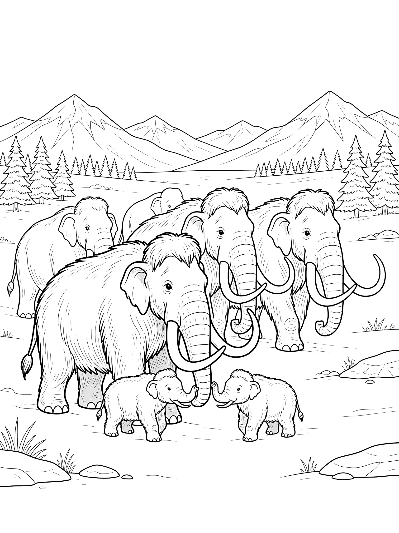 Black and white line art of a woolly mammoth family herd with mother leading two calves, adults nearby, tusks, snowy plain, pine trees, and mountains for coloring.