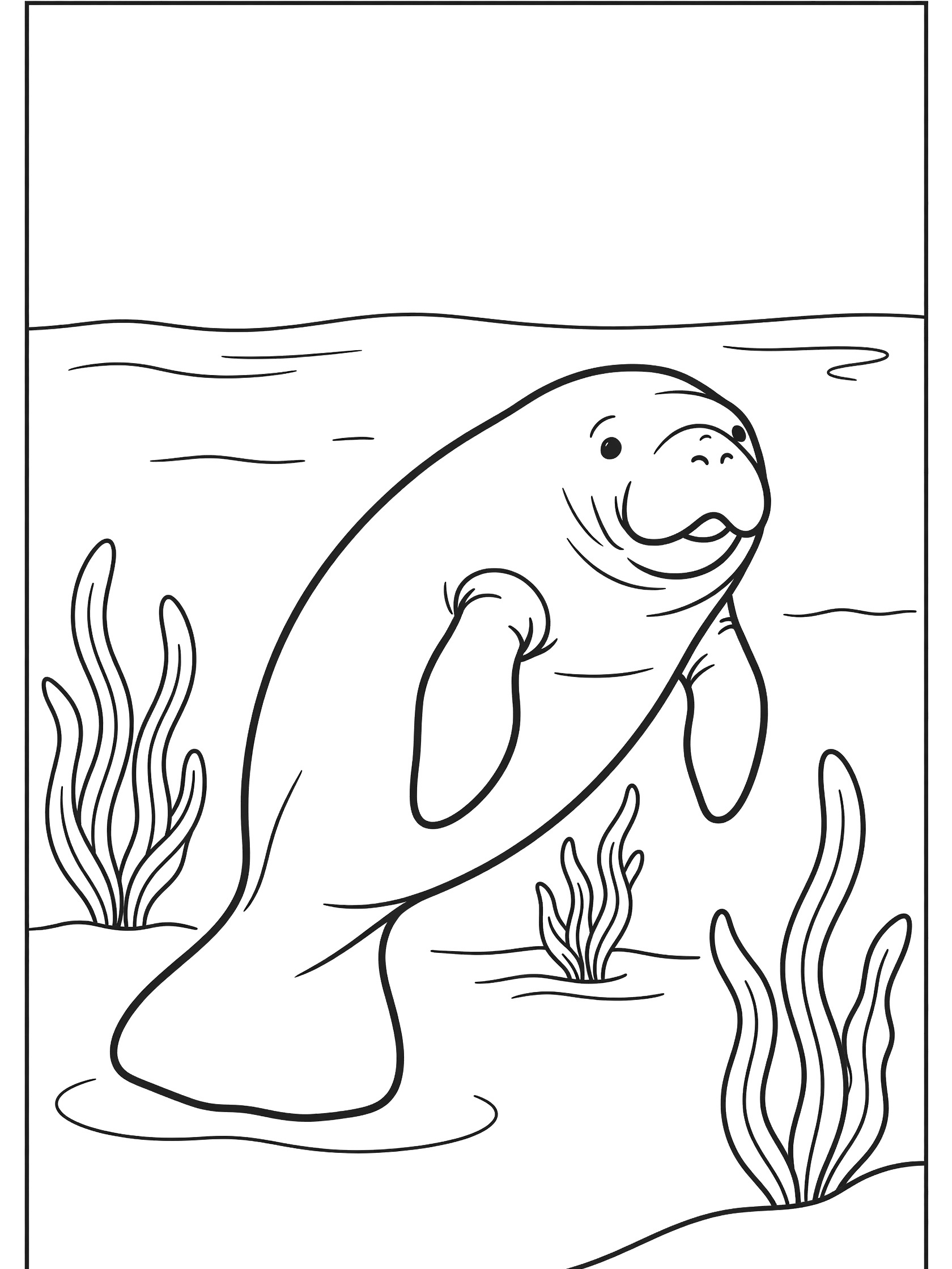 Black and white line art coloring page showing a manatee with flippers out swimming in water with seaweed around it