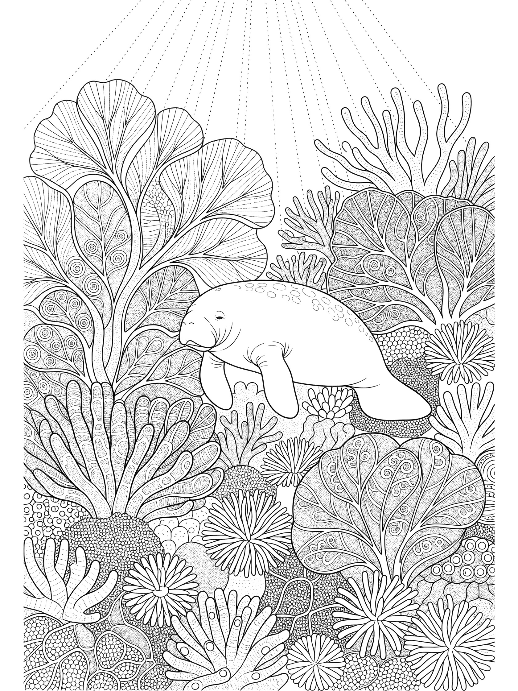 Black and white line art coloring page showing a manatee swimming among intricate corals, sea fans, and reef details with sunlight patterns.