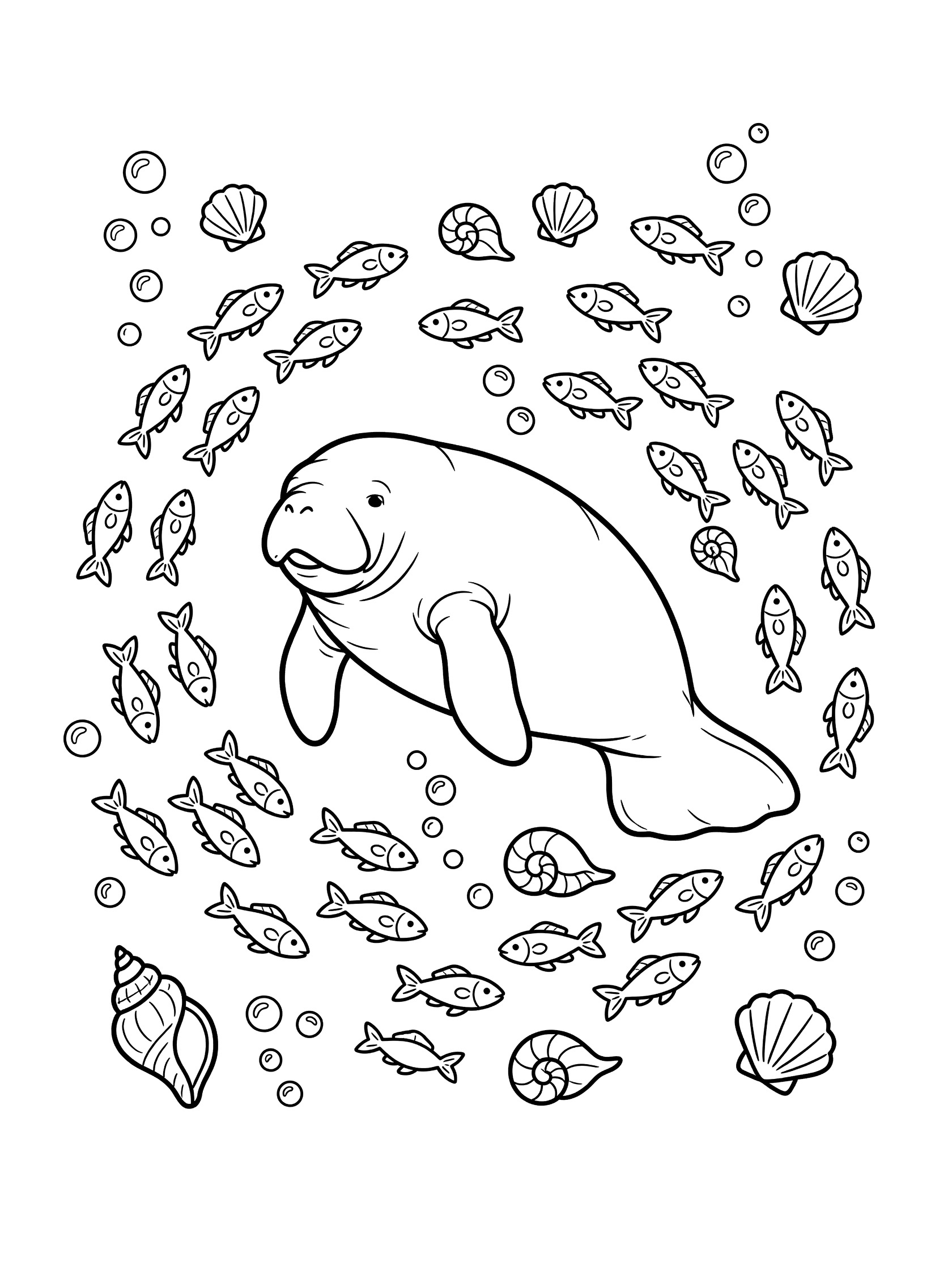 Black and white line art coloring page showing a manatee surrounded by small fish, seashells, and bubbles in the ocean.
