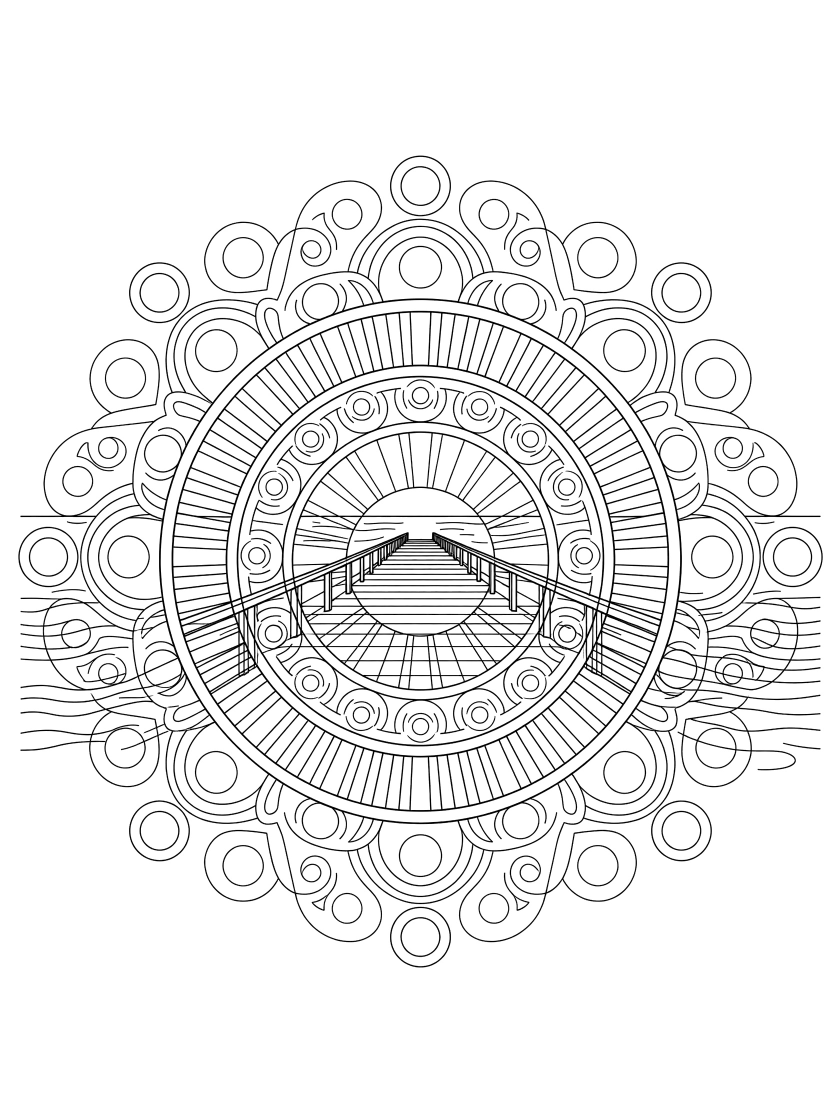 Black and white mandala coloring page showing a symmetrical bridge pier extending to a sun with radiating rays, circular patterns, and wave motifs on white background. Jetties themed black and white printable line art