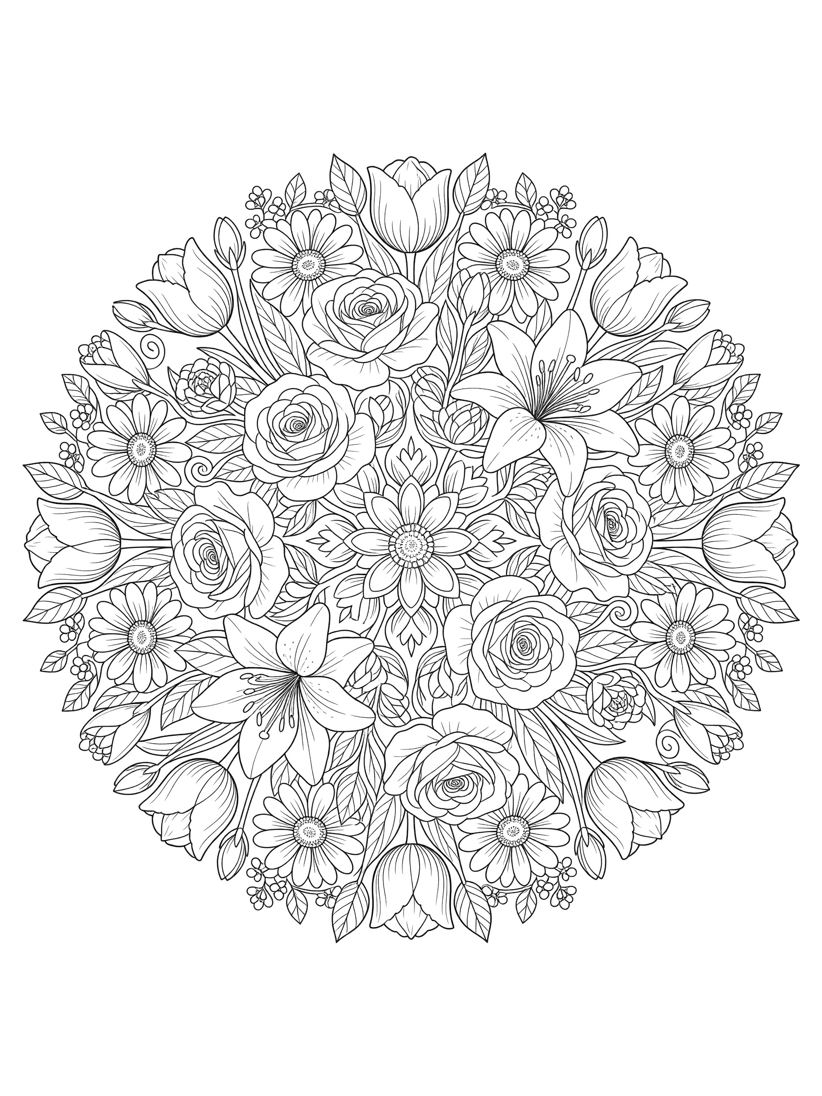 Intricate line art coloring page of a mandala-lite flower bouquet centerpiece featuring blooming roses, lilies, daisies and tulips arranged symmetrically with vines and leaves.