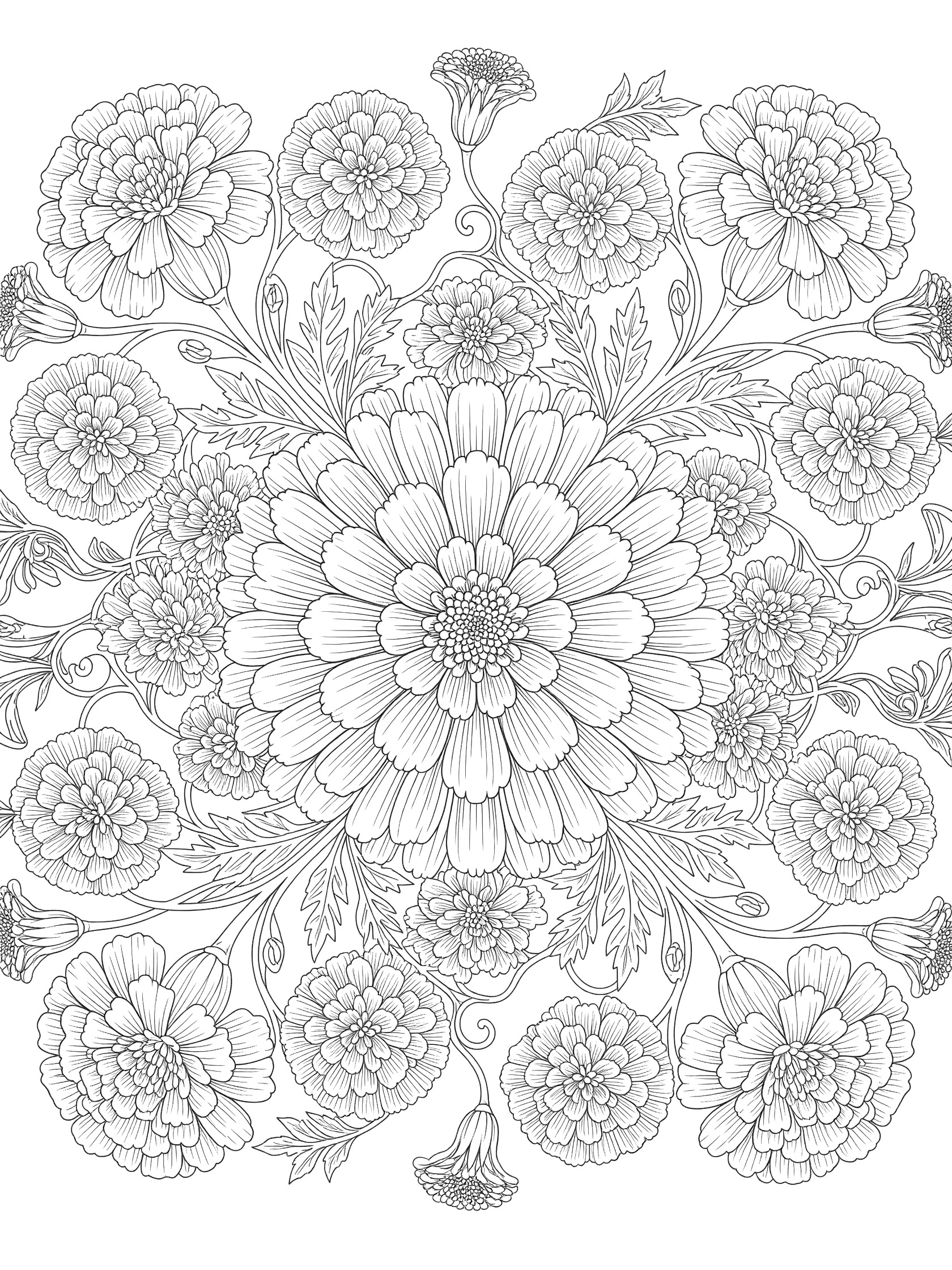 Black-and-white line art coloring page of a mandala-inspired marigold design with central flower, layered petals, smaller marigolds, curling leaves, stems, and seed pods.