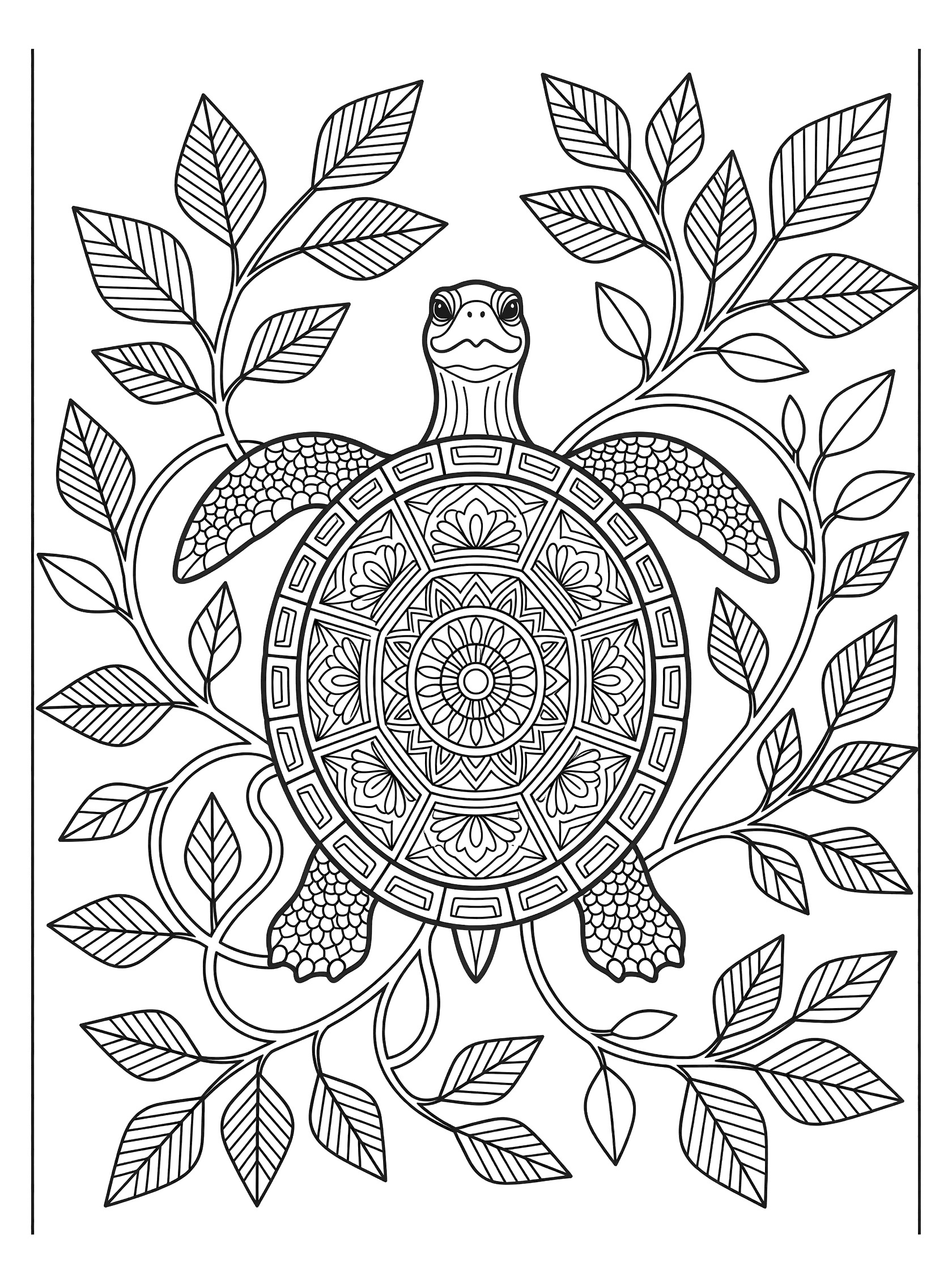 Black and white line art of a turtle with intricate mandala pattern on its shell, surrounded by geometric leaves and vines, pure white background.