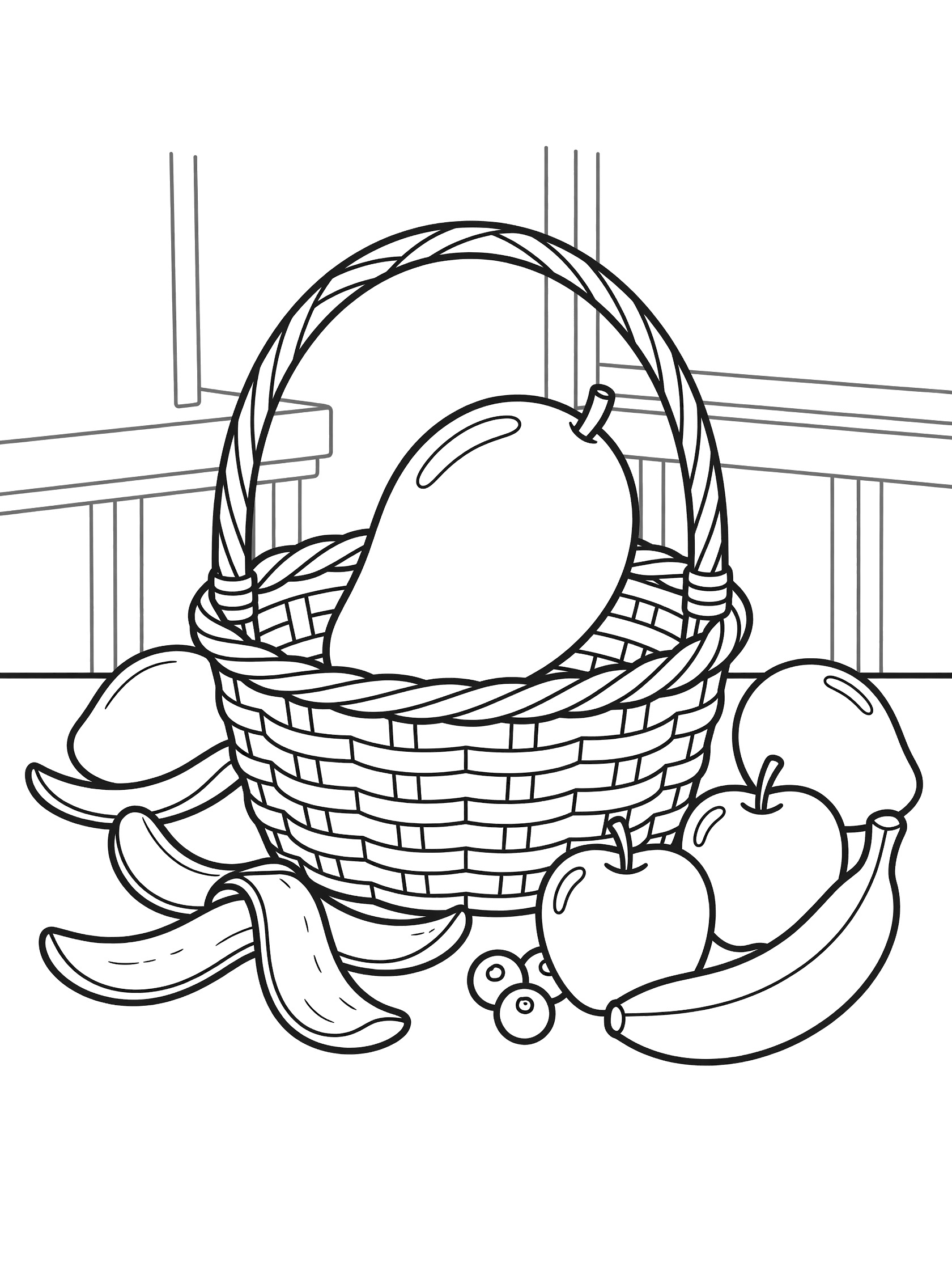 Black-and-white line art of a large mango in a woven basket surrounded by apples, bananas, peels, and berries at an outdoor fruit market stand coloring page.