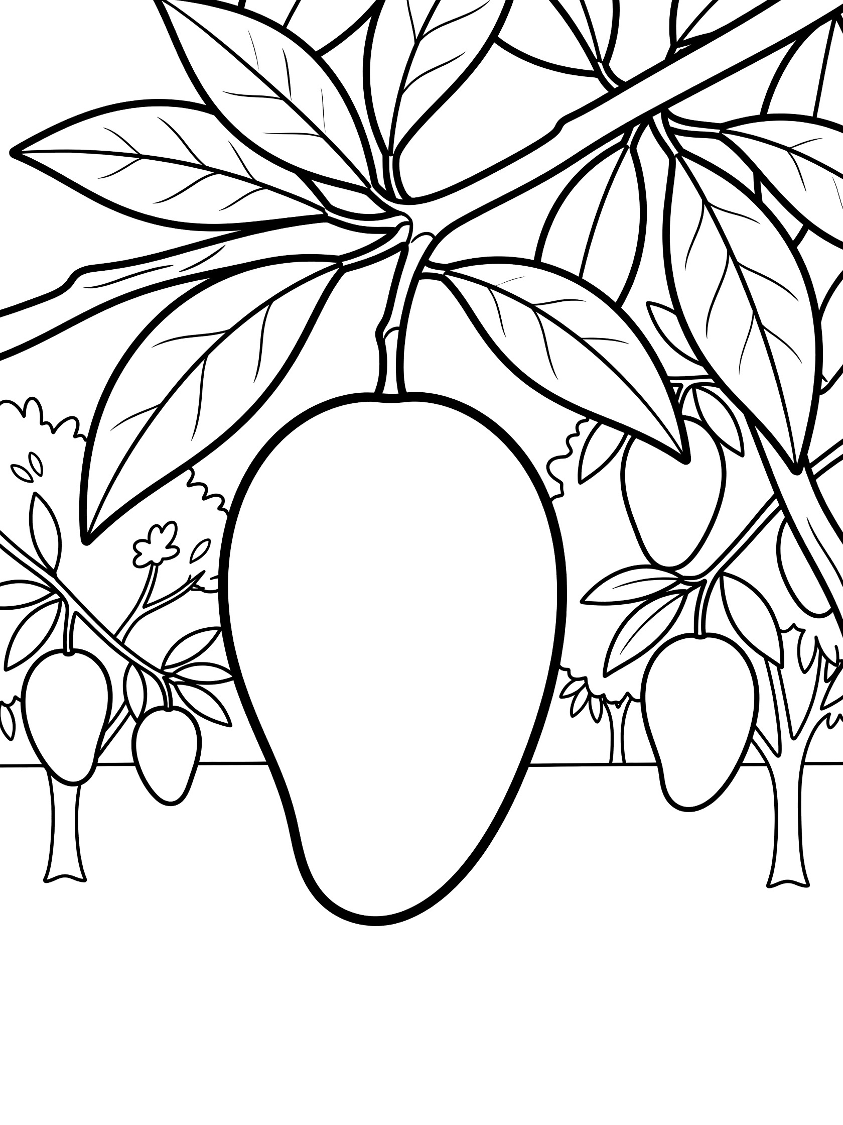 Black and white coloring page of a large ripe mango on a branch with leaves, small mangoes, and orchard trees.