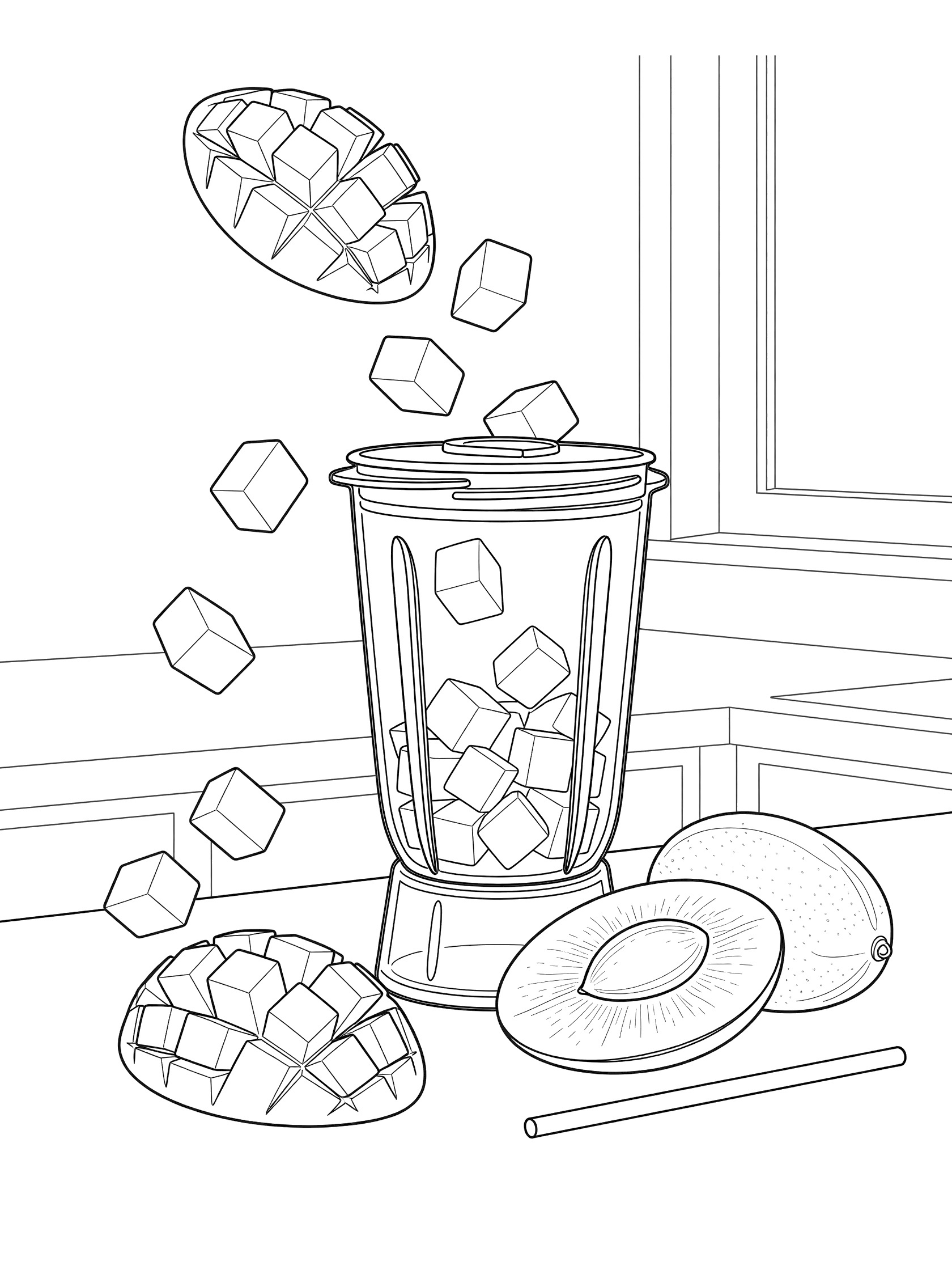 Black-and-white coloring page of diced mango cubes tumbling into a tall blender on a sunny counter, with mango halves and straw nearby