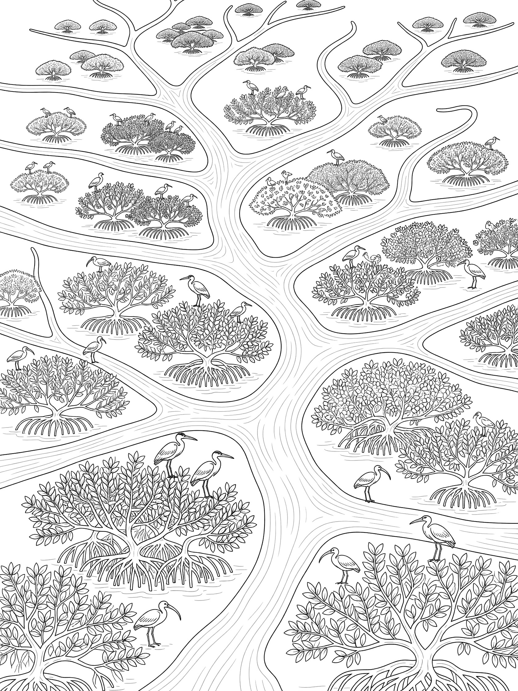 Black and white line art coloring page showing tall mangrove trees with lots of branches, roots in water, and birds like herons sitting on branches. The Nile River themed black and white printable line art