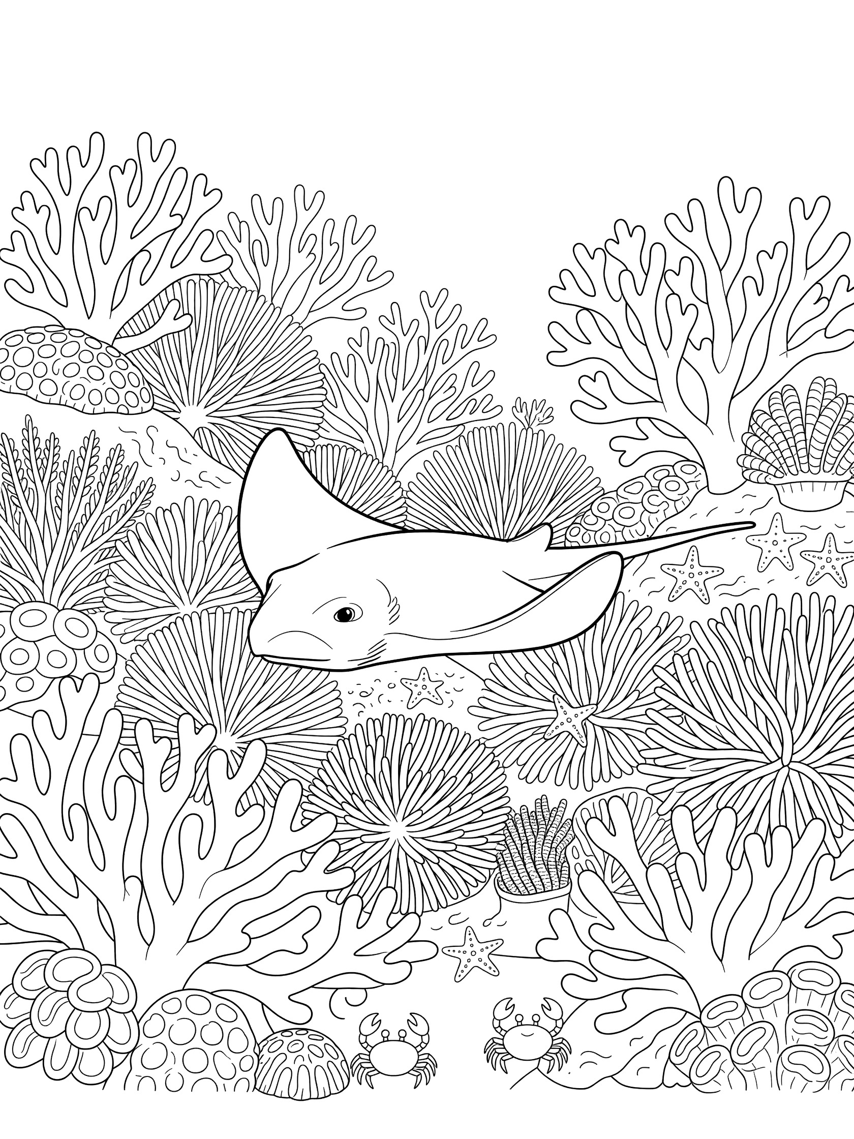 Black and white line art coloring page showing a manta ray gliding through detailed coral reef with branching corals, sea fans, anemones, starfish, crabs, and shells. Stingray themed black and white printable line art
