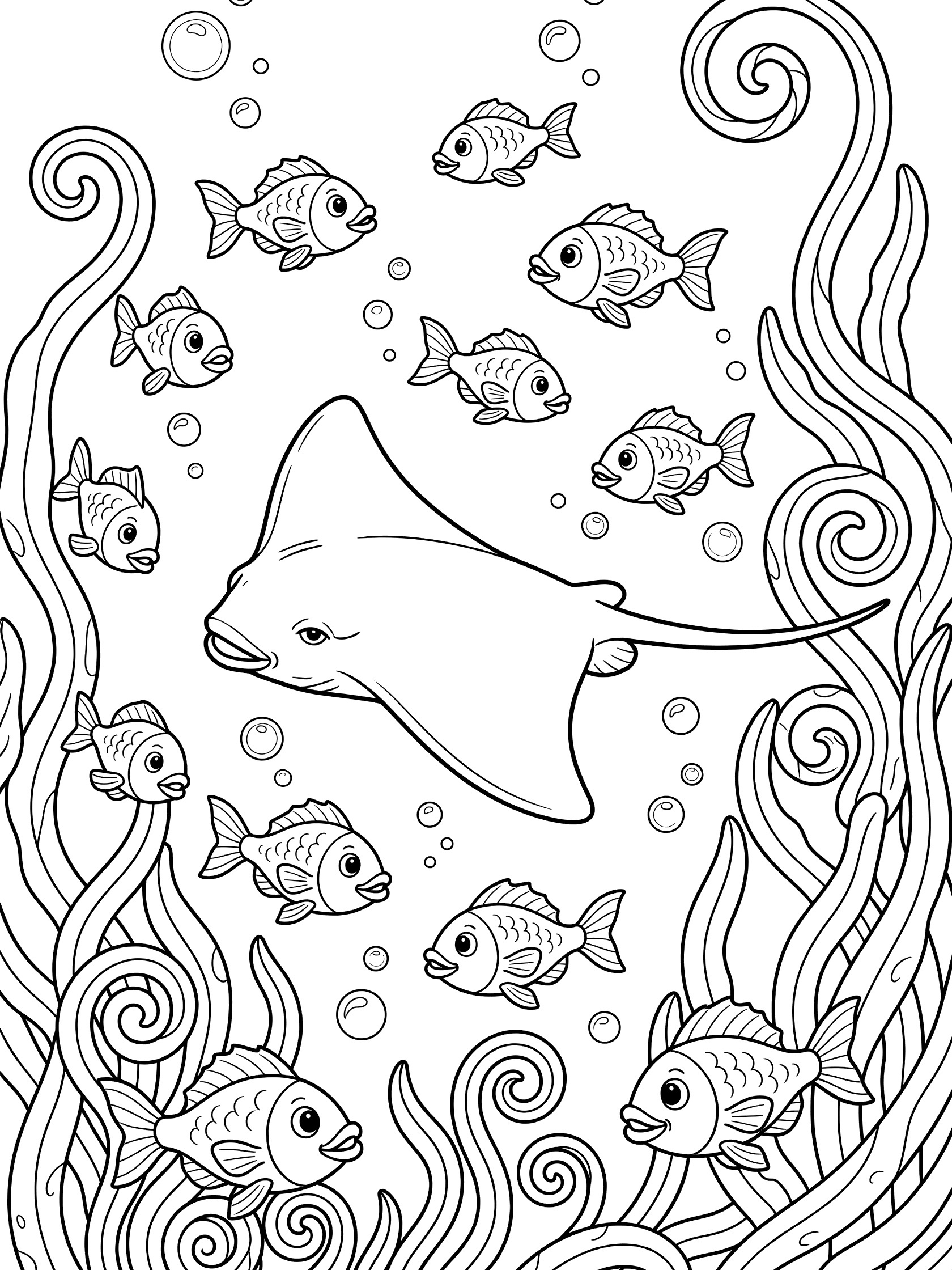 Black and white line art coloring page showing a large manta ray gliding with a school of small fish around it and wavy seaweed in the ocean scene. Stingray themed black and white printable line art