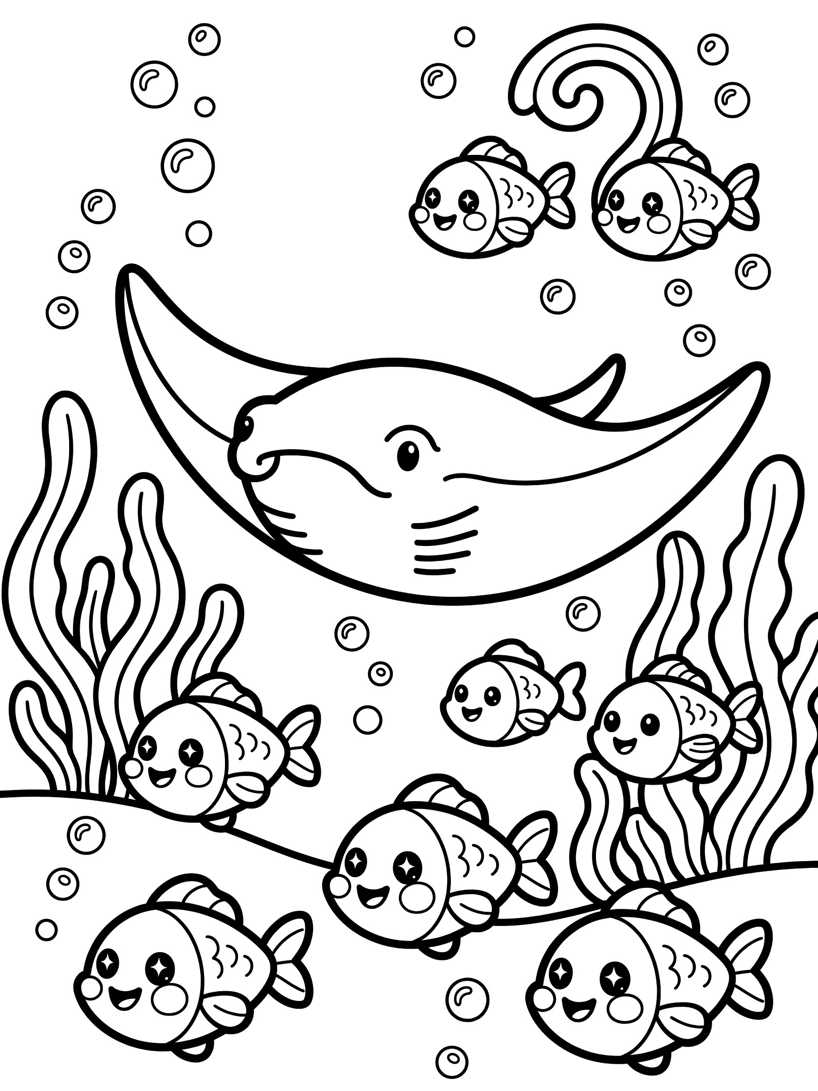 Black and white line art coloring page showing a big manta ray swimming after a group of happy little fish surrounded by bubbles and wavy seaweed.