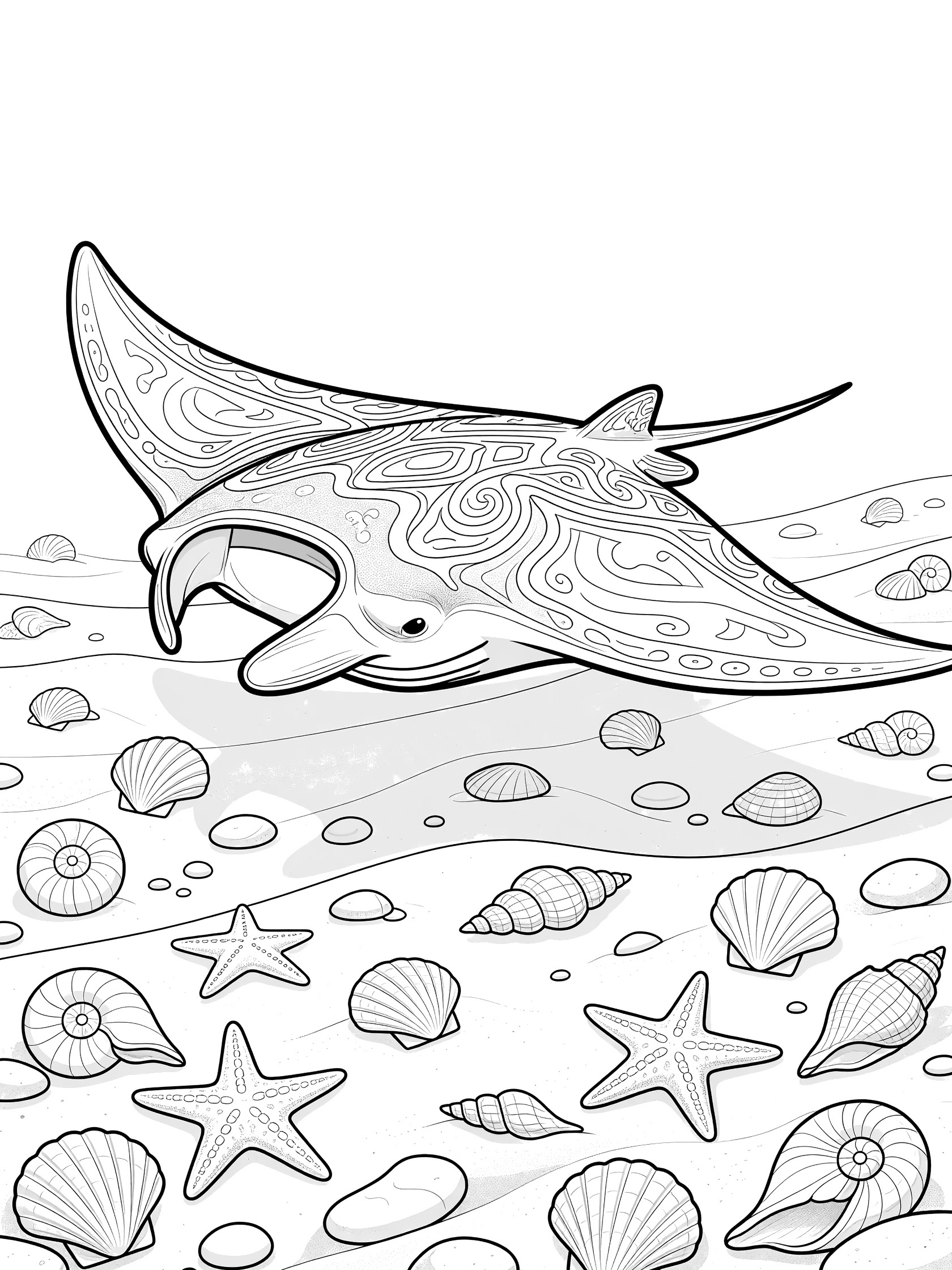 Black and white line art coloring page showing a large manta ray with wide patterned wings swimming low over a sandy ocean floor with clamshells, starfish, and small pebbles.