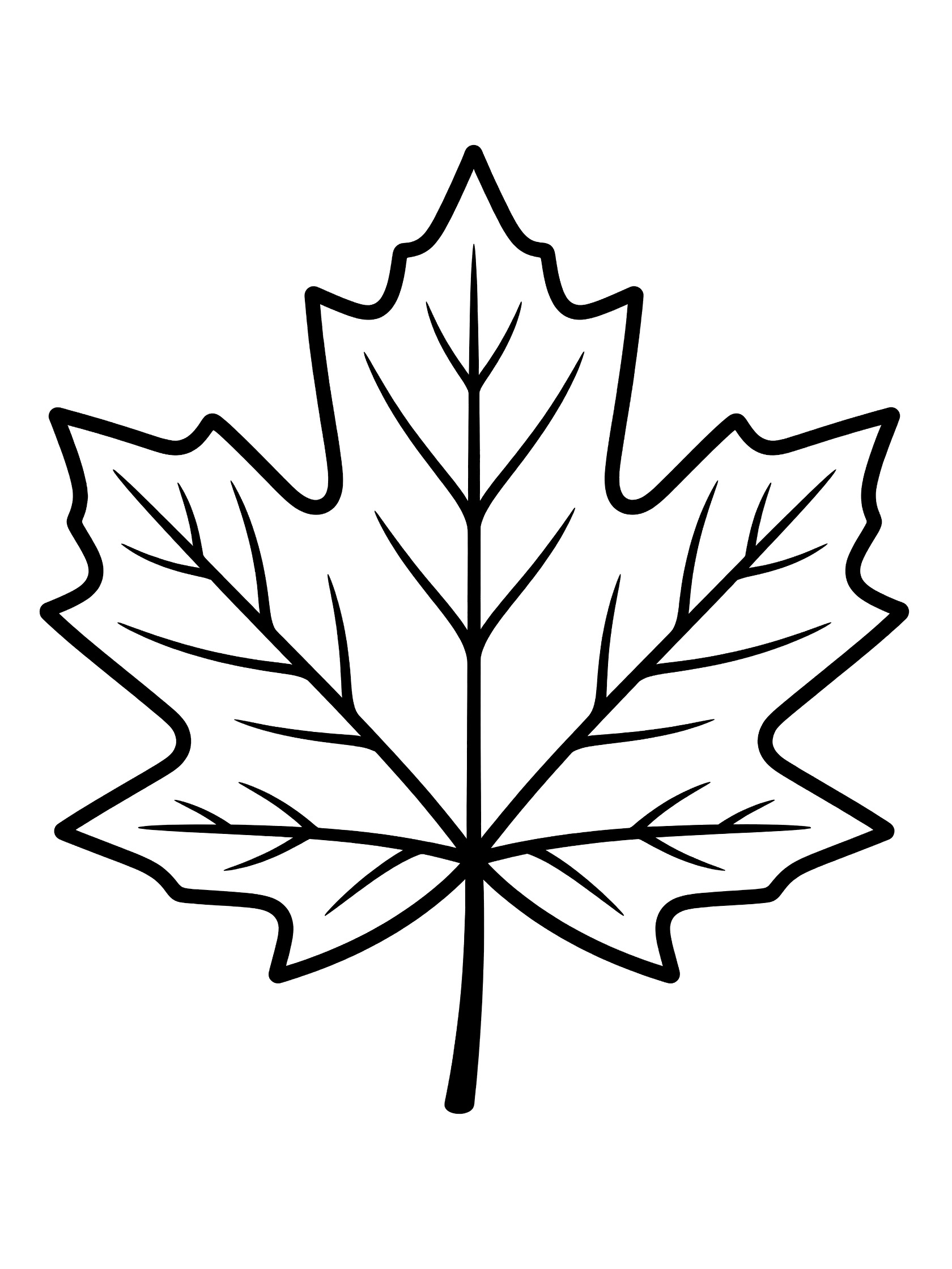 Symmetrical black outline of a large maple leaf with detailed veins and pointed lobes on white background, printable coloring page