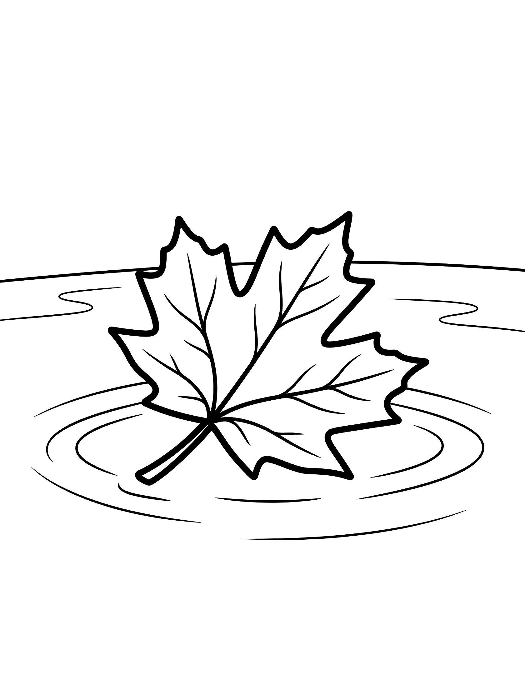 Black and white line drawing of a detailed maple leaf floating on pond water with ripple lines around it, printable coloring page.