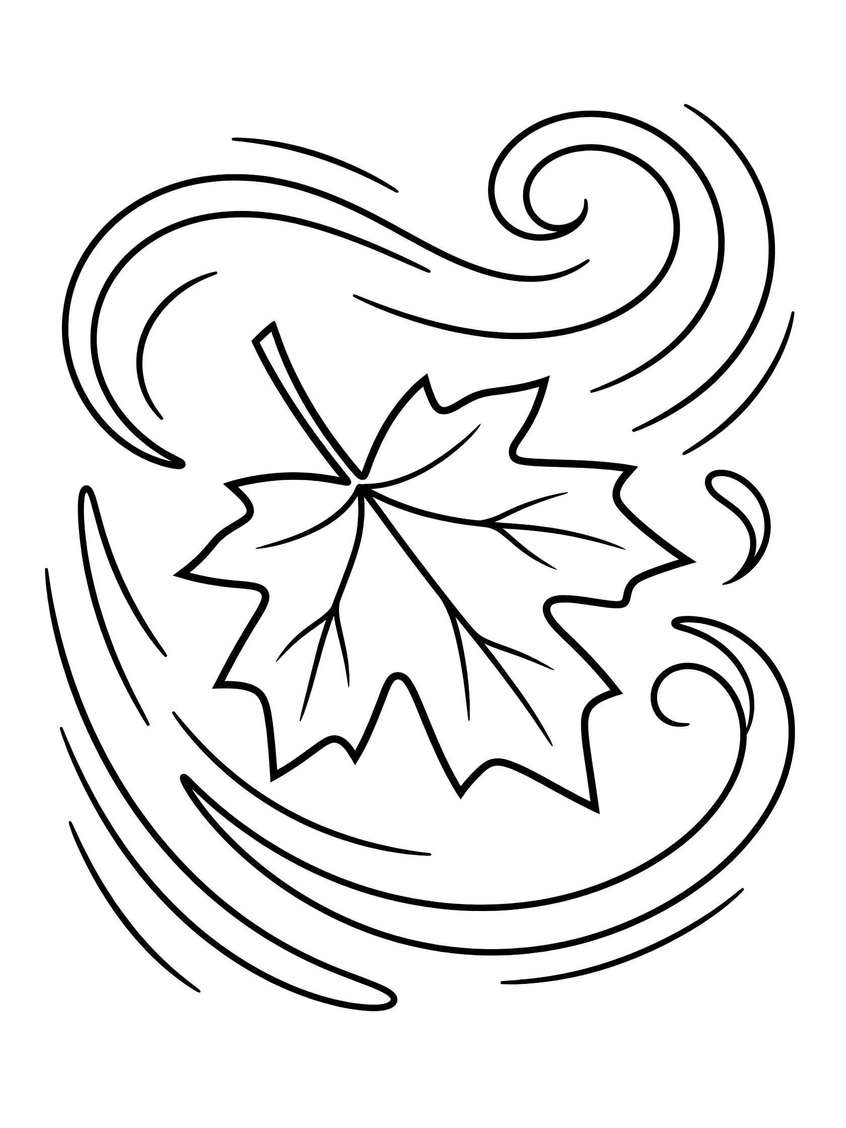 Black and white coloring page showing a detailed maple leaf surrounded by curving wind swirl lines on a white background