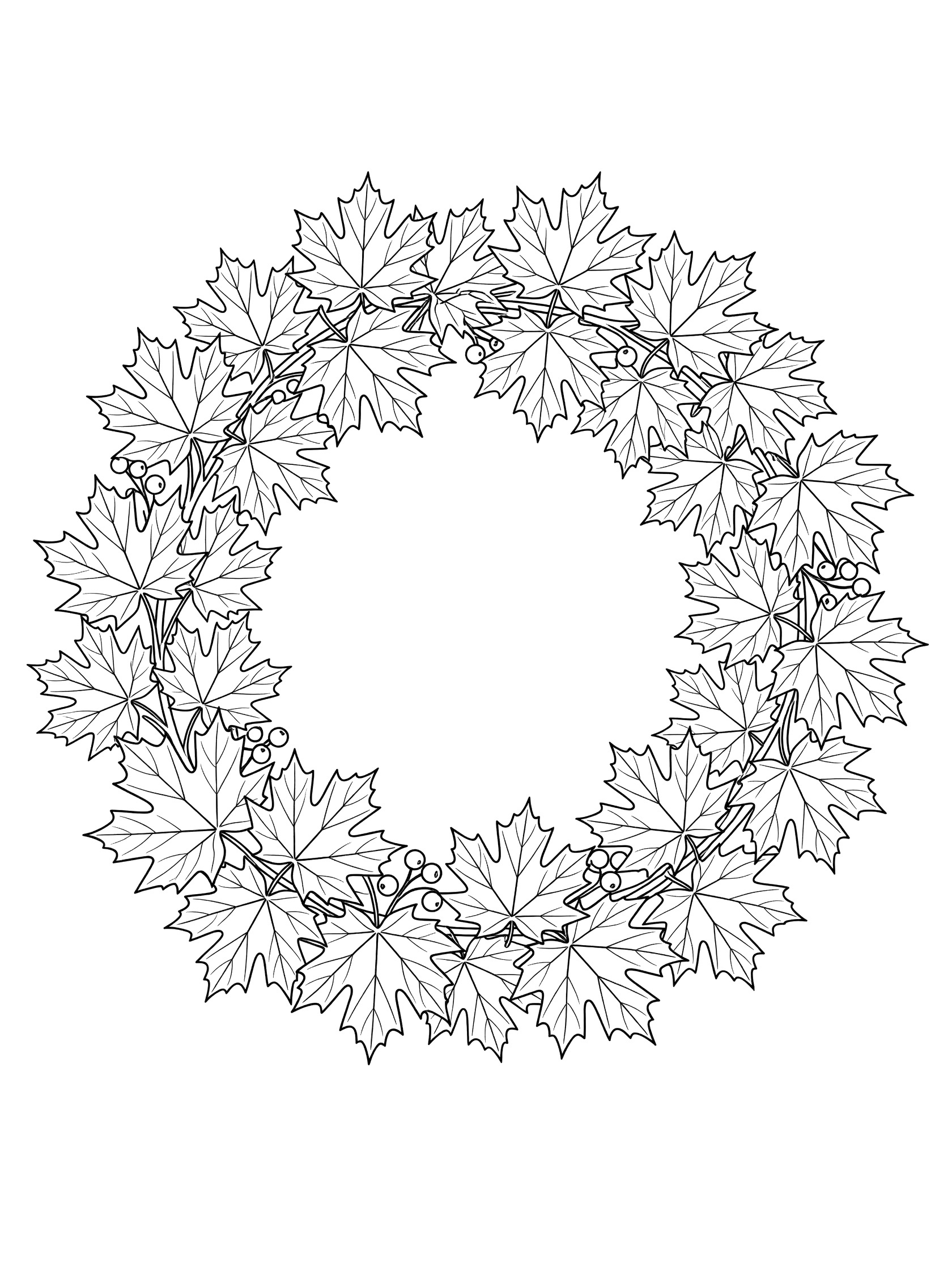 Black and white line art of a round wreath with overlapping maple leaves and small berries, perfect for coloring.