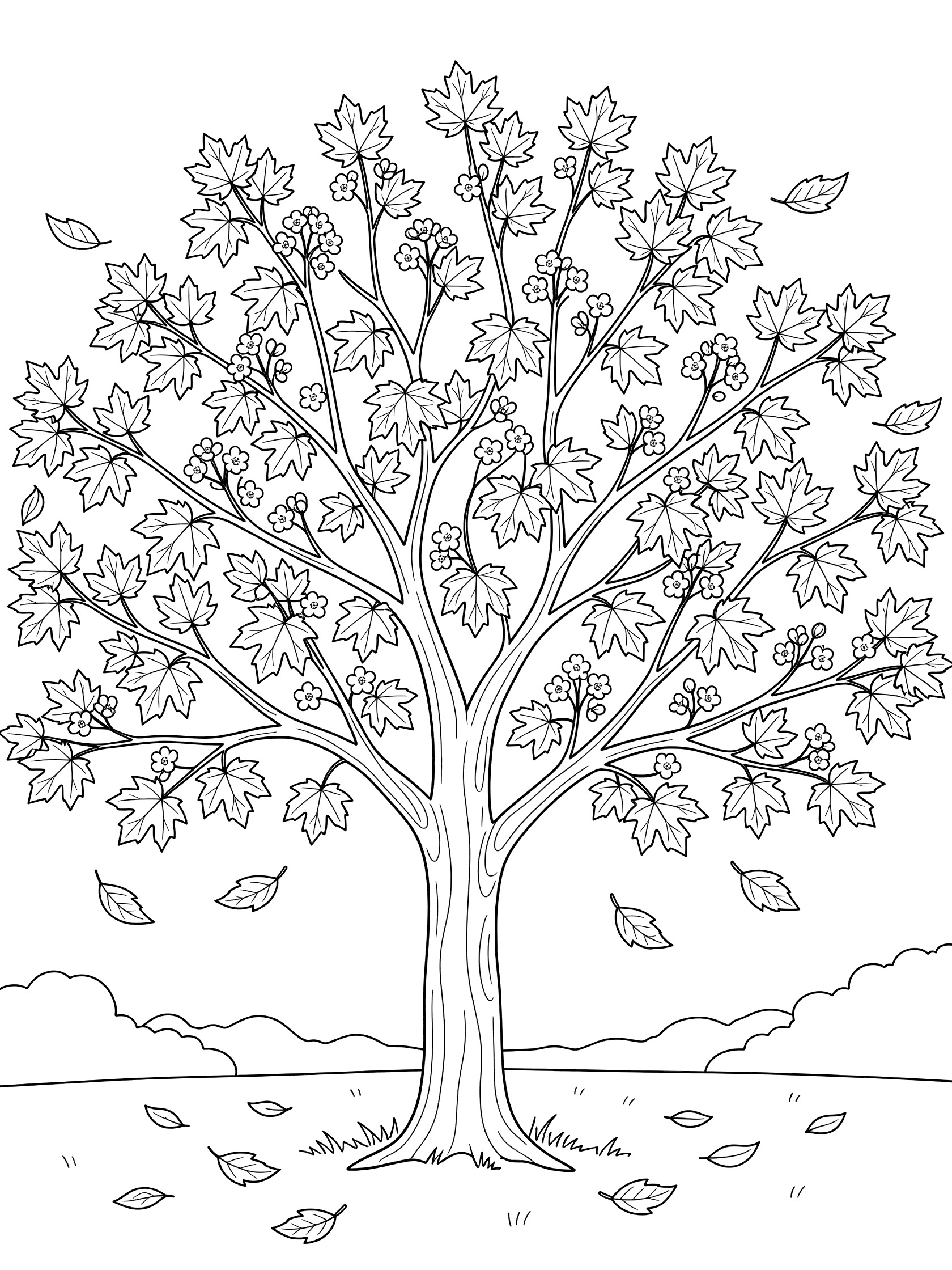 Black and white line art coloring page showing a tall maple tree with many leaves on branches, falling leaves in the air, and leaves on the grass ground.