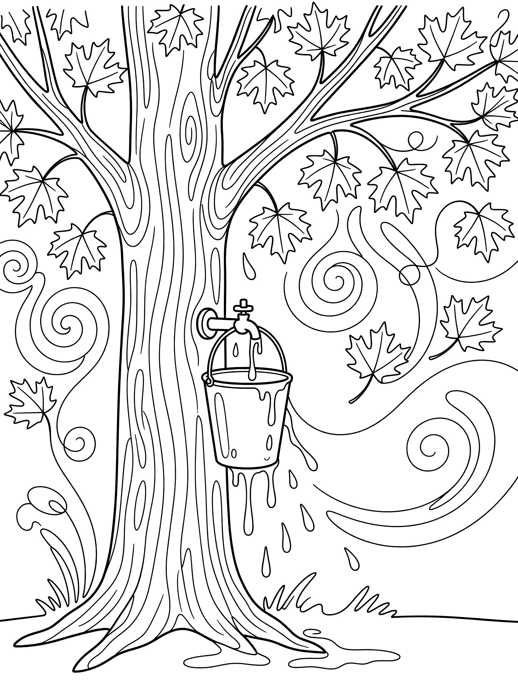 Black and white line art of a maple tree with sap bucket hanging from trunk, sap drips, and swirling maple leaves.