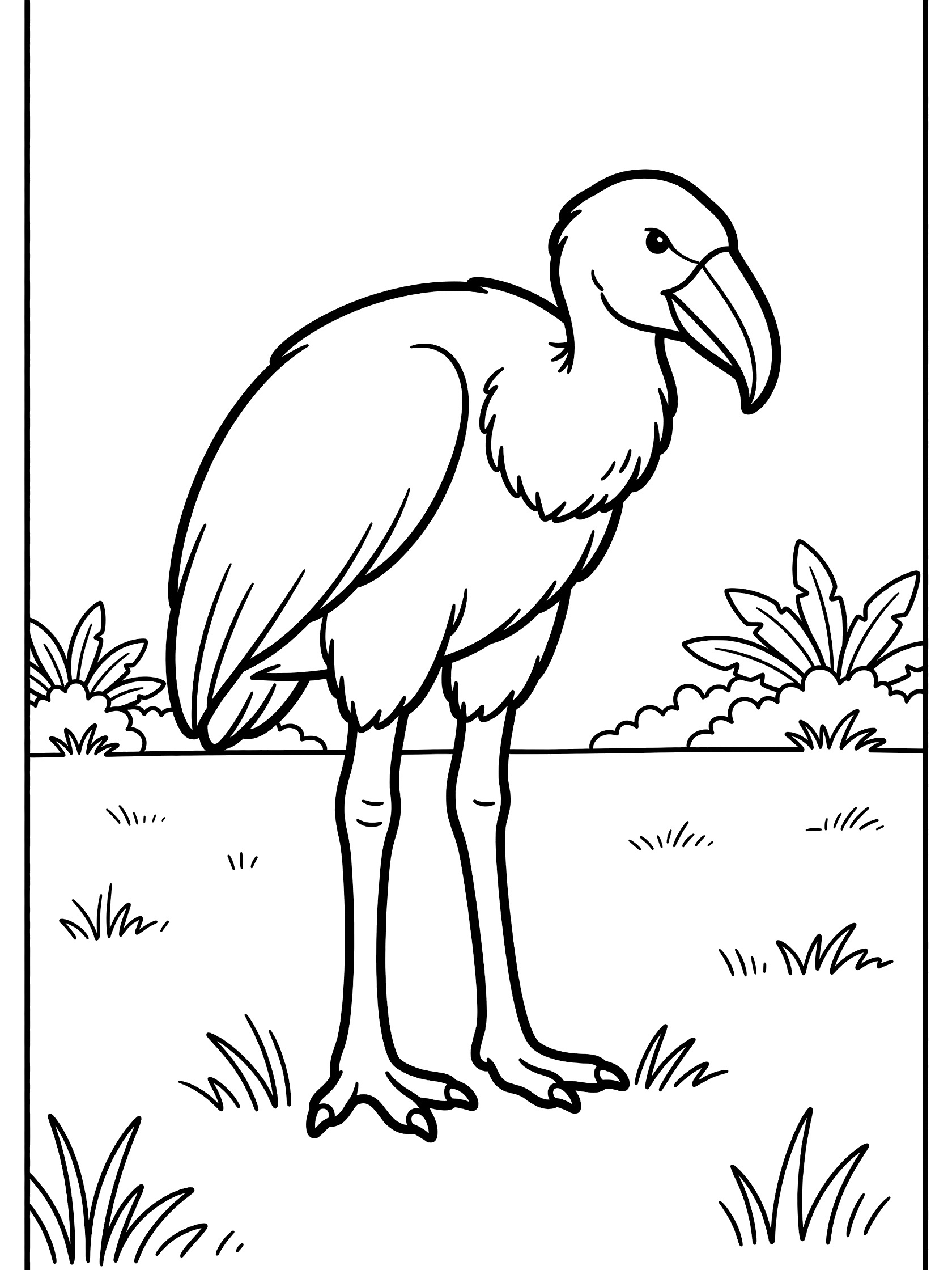 Black and white line art coloring page showing a marabou stork bird with fluffy feathers, curved beak, long sturdy legs, standing in grassy field near simple bushes. Elephant Bird themed black and white printable line art