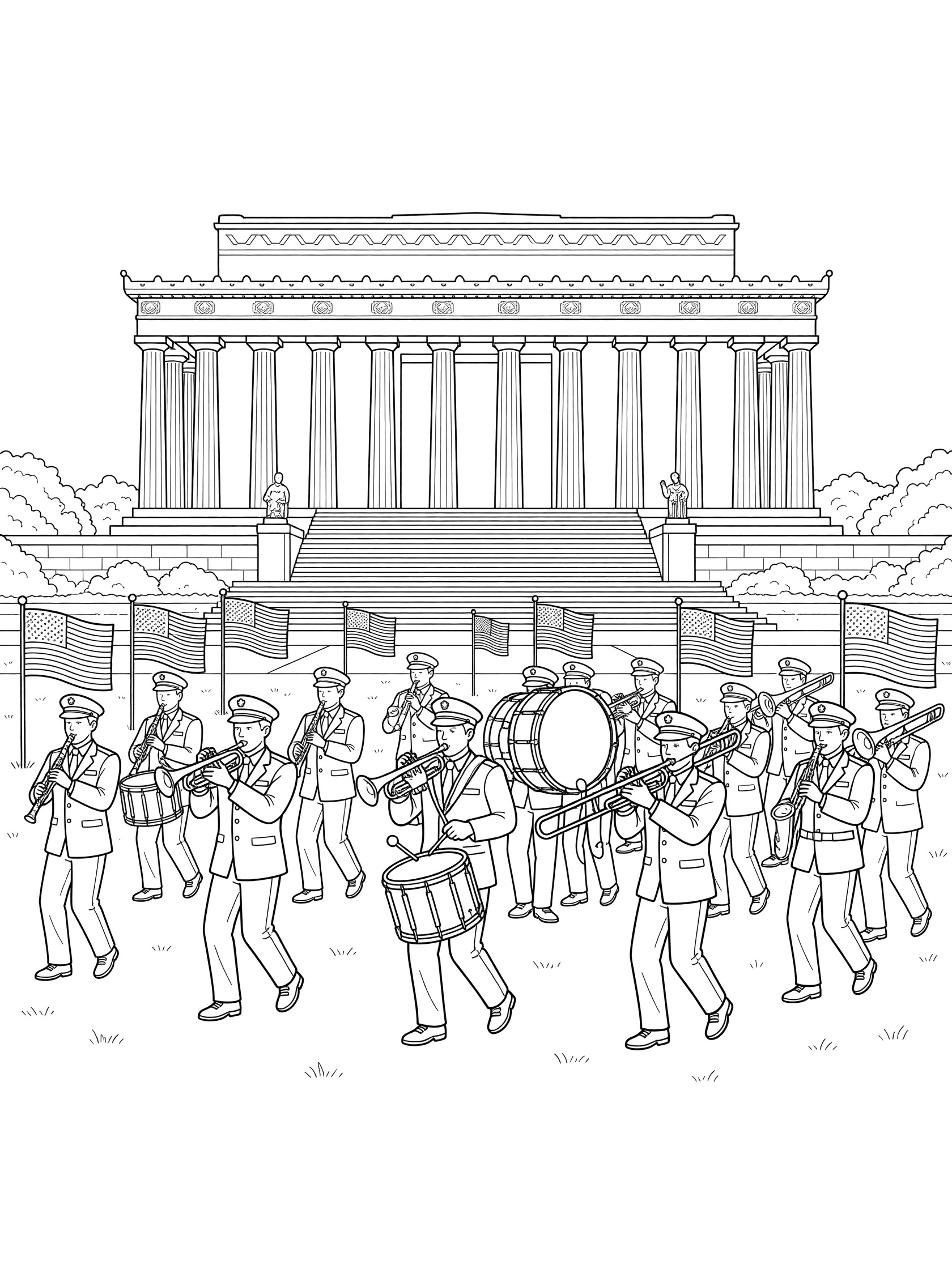 Black and white coloring page of a marching band with flags, drums, and trumpets performing before the Lincoln Memorial steps.