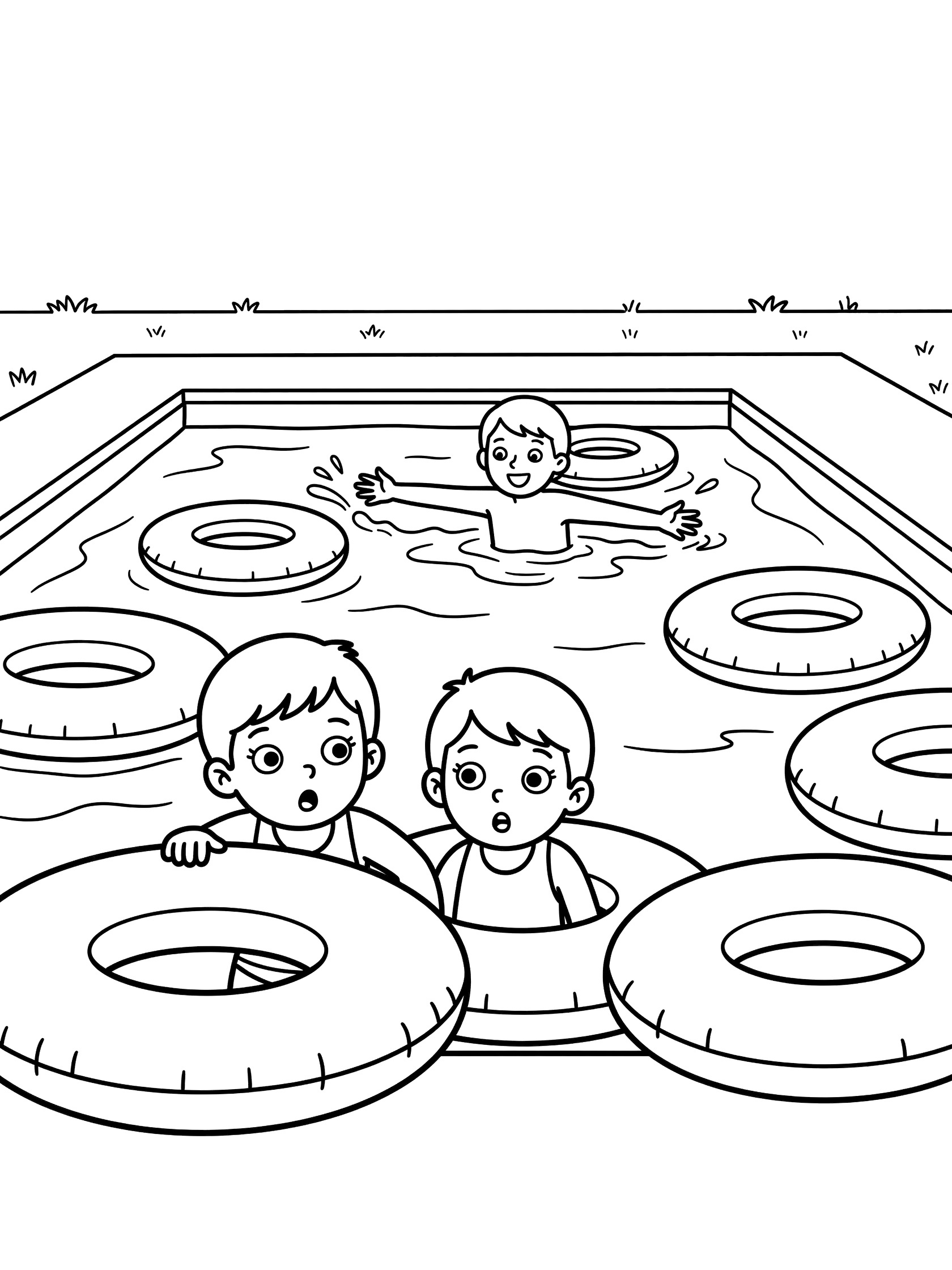 Line art coloring page showing two boys playing Marco Polo in a backyard pool, one peeking from colorful floaties with wide eyes, the other swimming with arms out.