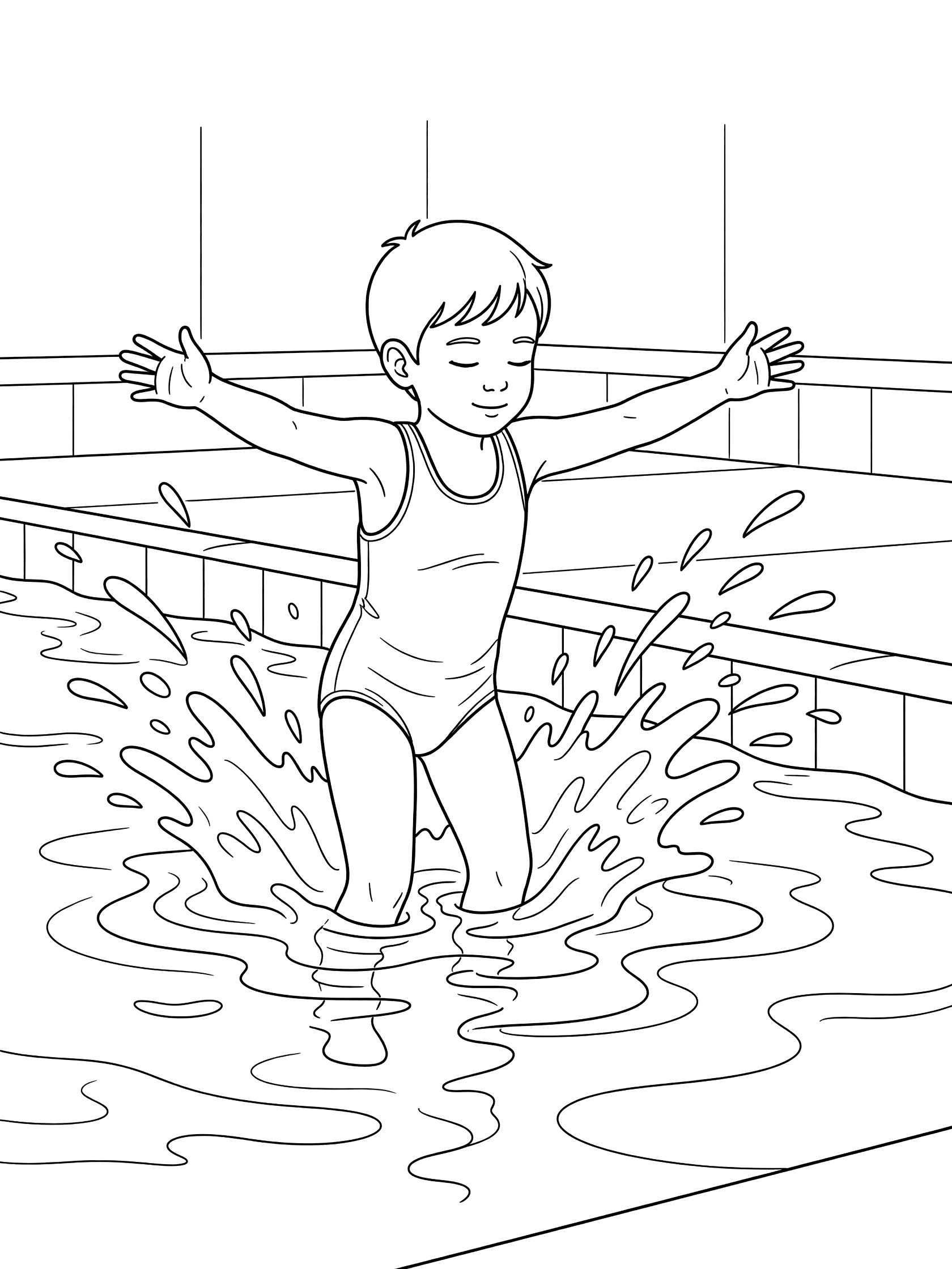 Black and white coloring page showing a boy swimmer with eyes closed and arms outstretched reaching forward while standing in shallow water of an indoor pool during Marco Polo game, surrounded by water splashes.