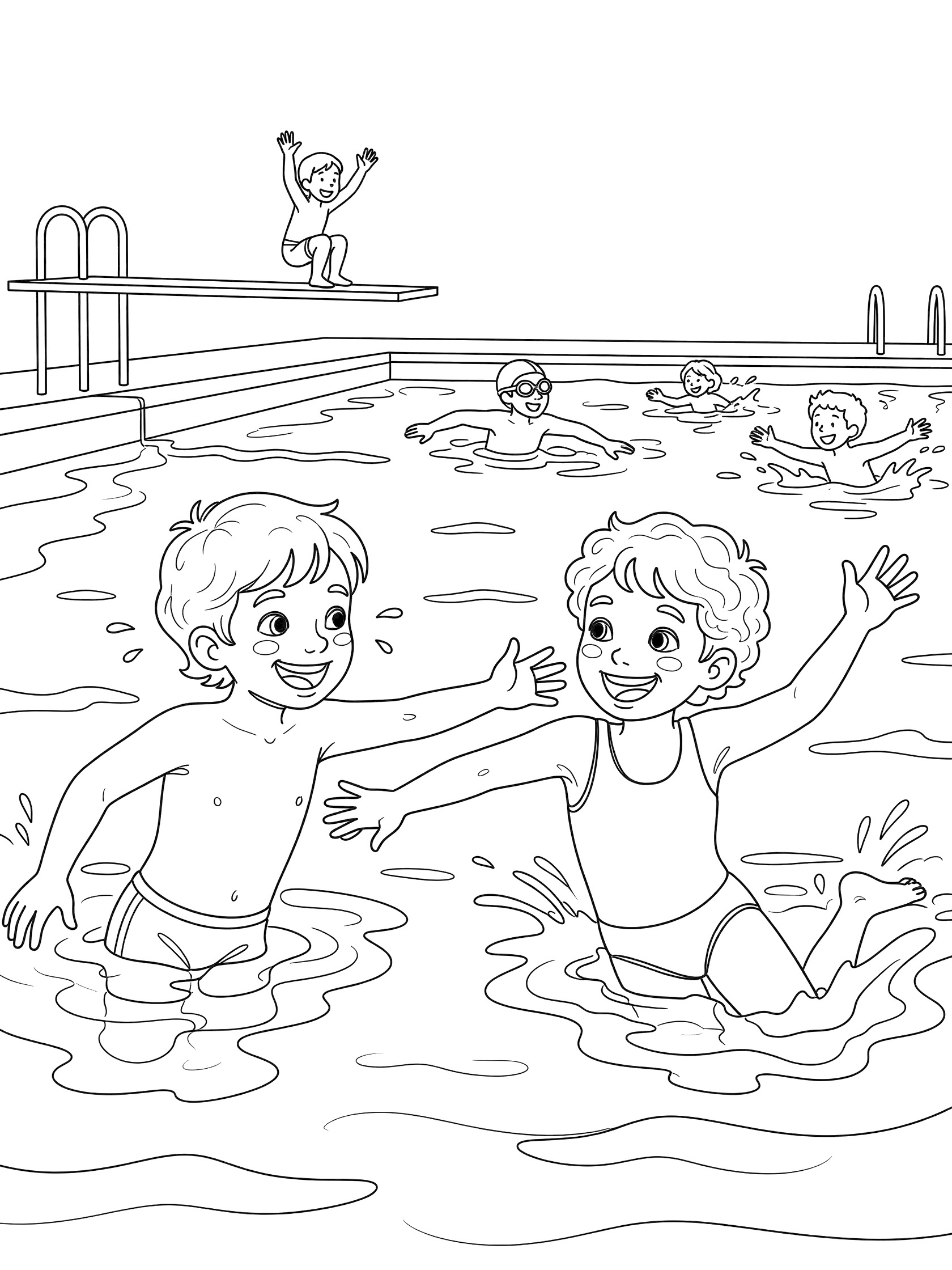 Black and white coloring page of two children playing Marco Polo in a pool, one tagging the other with hand outstretched, splashing water, diving board, and other swimmers.