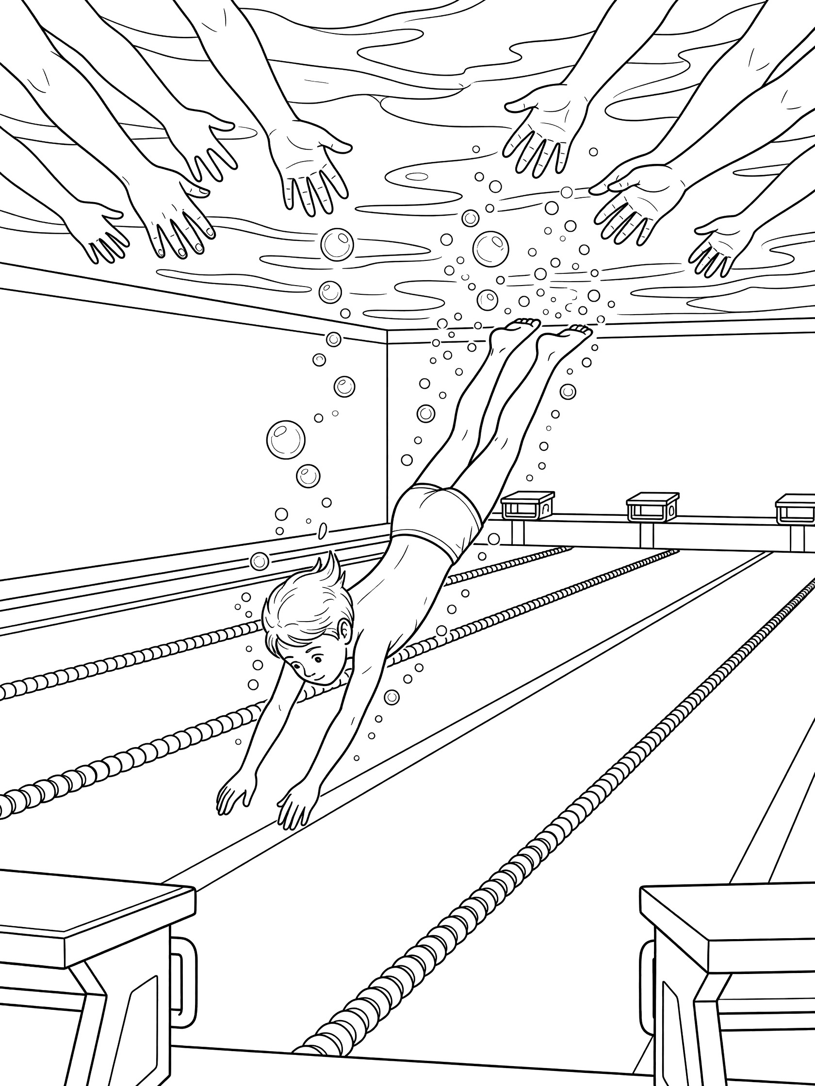 Line art coloring page showing a kid in swim trunks diving underwater in a Marco Polo game, bubbles trailing from feet, arms reaching from pool surface, lane markers and blocks visible.