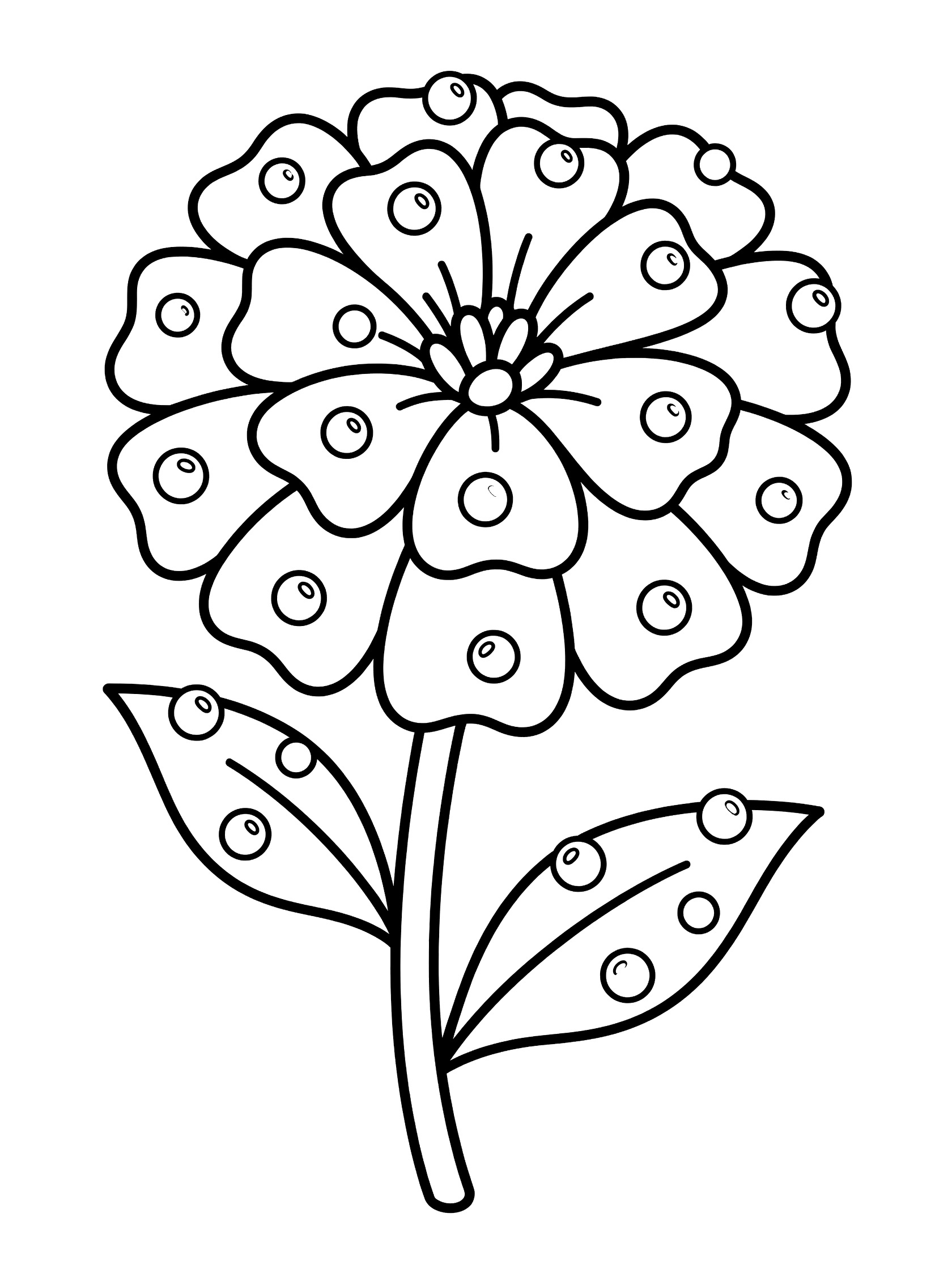 Black and white coloring page of a marigold flower with round dew drops on petals and leaves, curving stem, clean outlines on white background