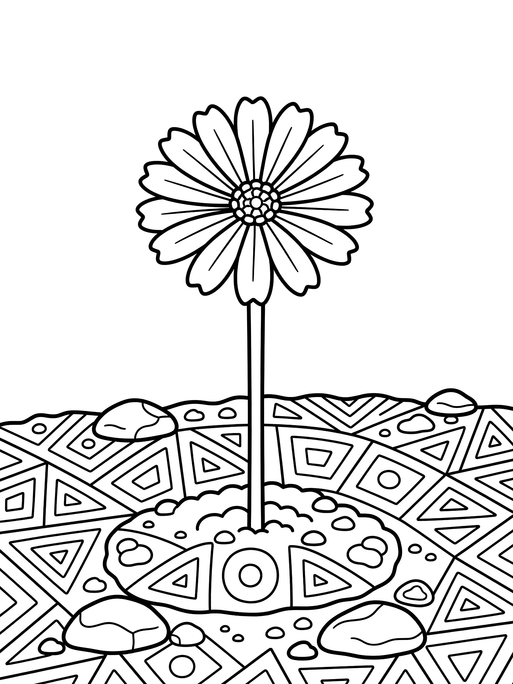Black and white line art of a marigold flower with symmetrical petals on a straight stem, emerging from patterned soil with triangles, circles, small rocks, and dirt clumps.