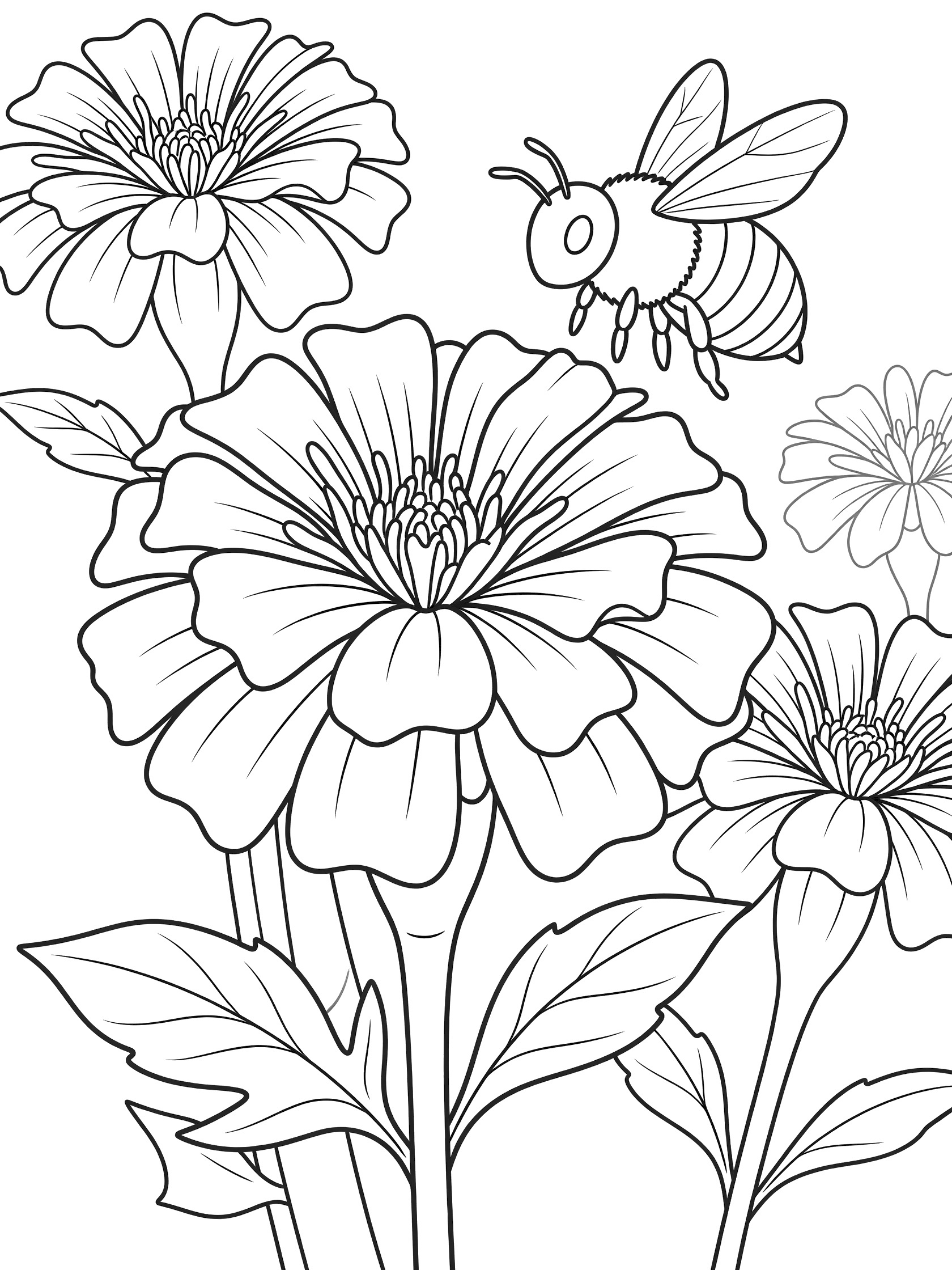 Black and white line art coloring page showing several large marigold flowers with layered petals and stems, plus a striped bee with wings hovering nearby.
