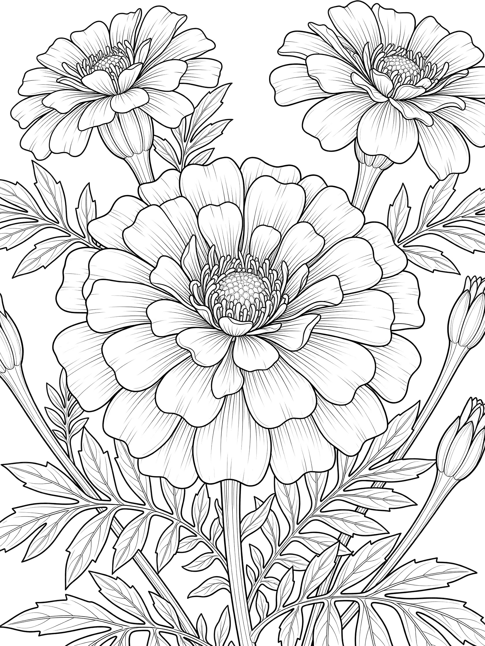 Black and white line art of three detailed marigold flowers in full bloom with stems, leaves and tiny buds, ready to color