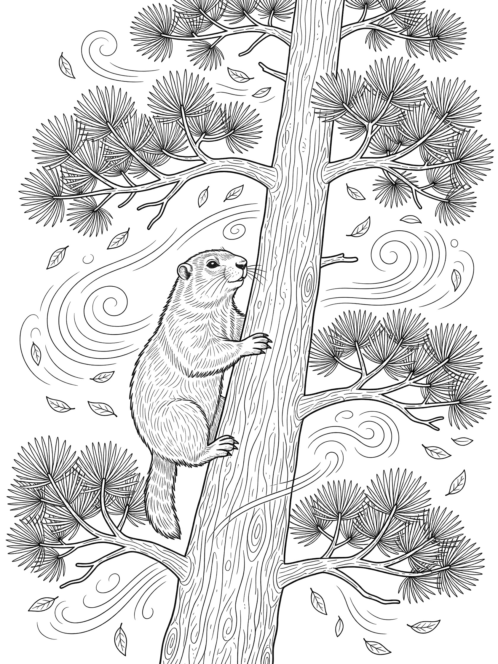 Black and white line art coloring page showing a marmot gripping a tall pine tree trunk with branches and pine needles, surrounded by doodle wind swirls and falling leaves.