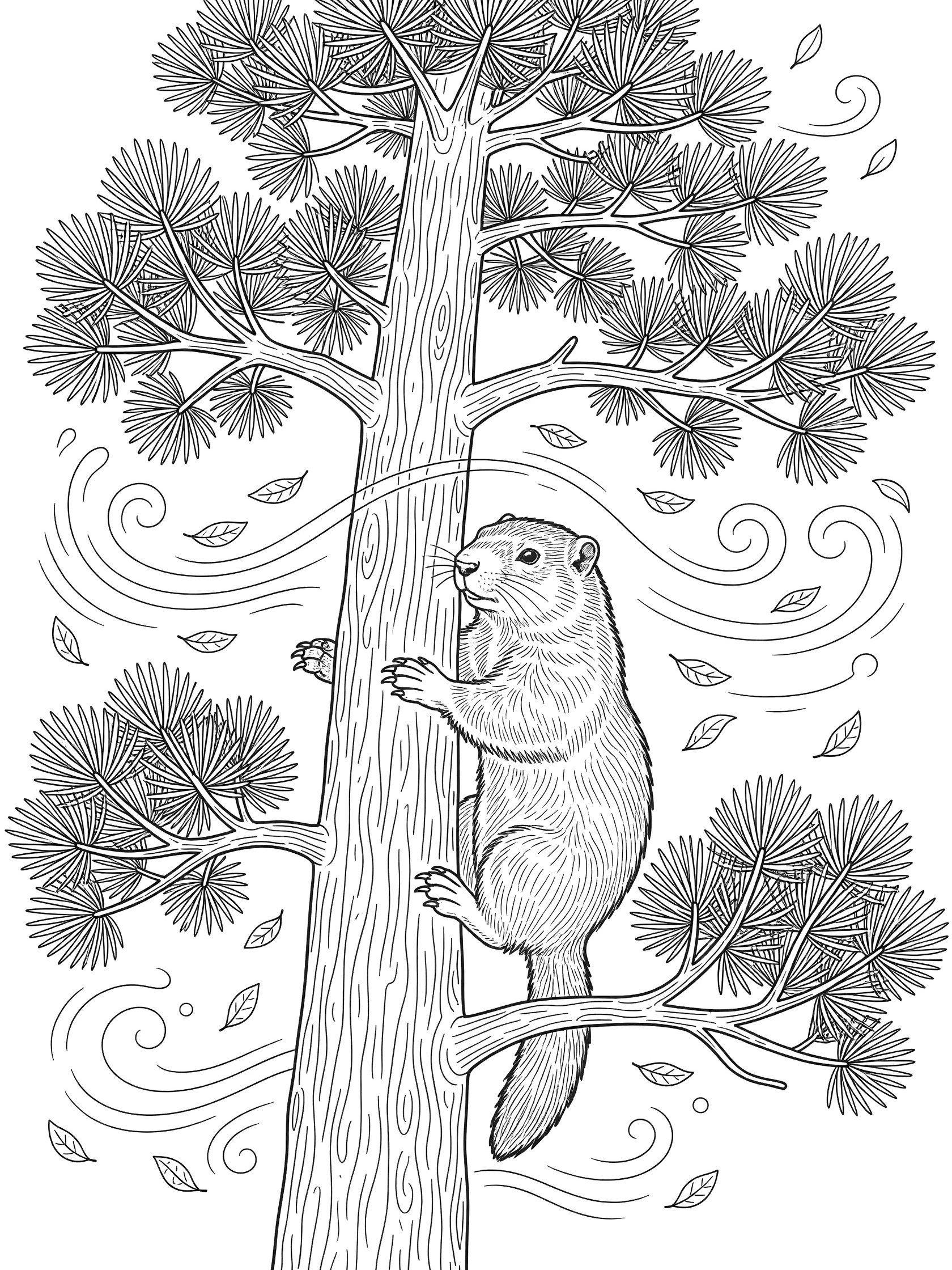 Black and white line art coloring page showing a marmot gripping the trunk of a tall pine tree with branches and needles, surrounded by doodle wind swirls and falling leaves.