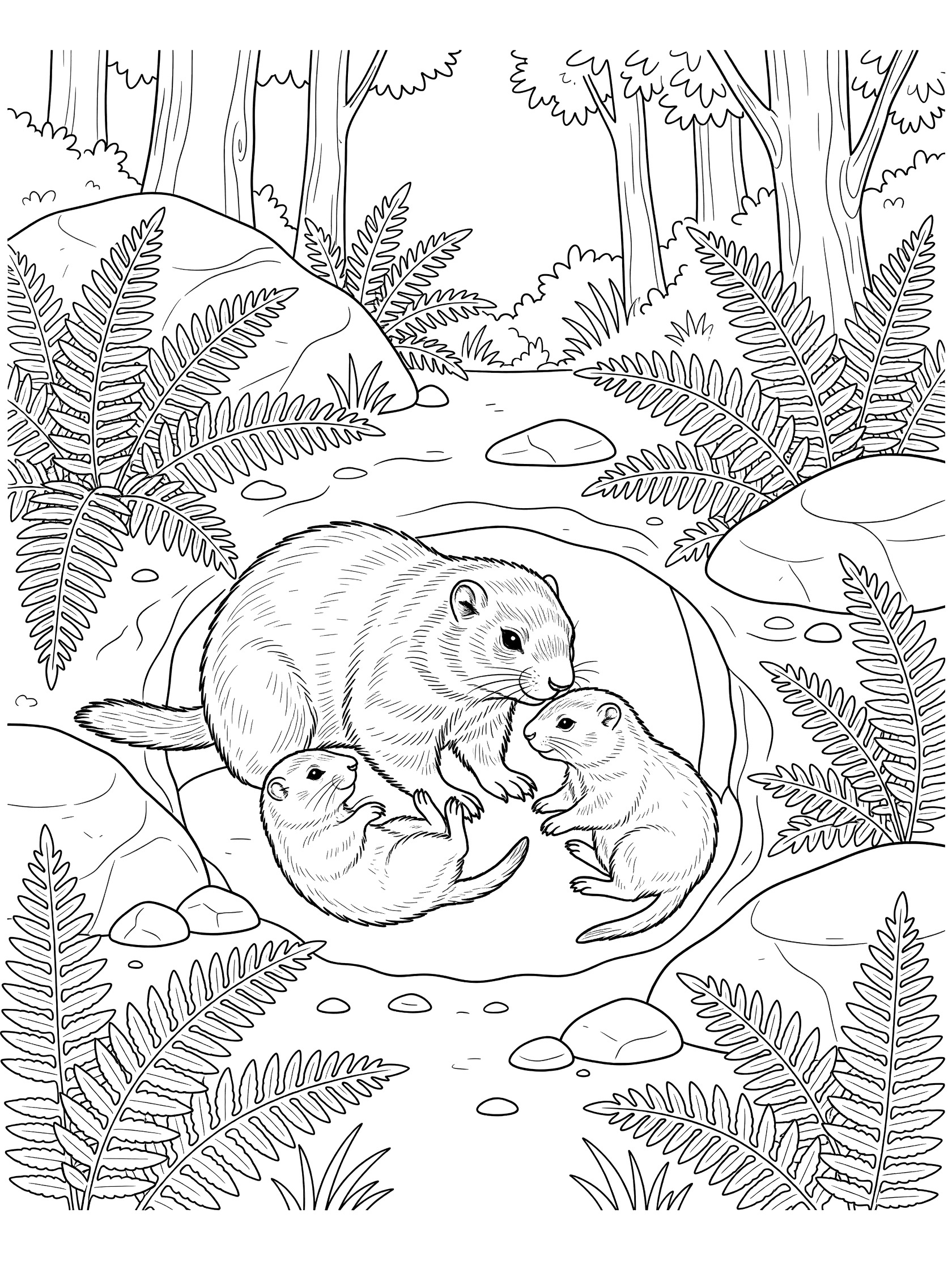 Black and white line art of a mother marmot with two baby marmots playing by their burrow entrance, surrounded by ferns and rocks in a forest glade.