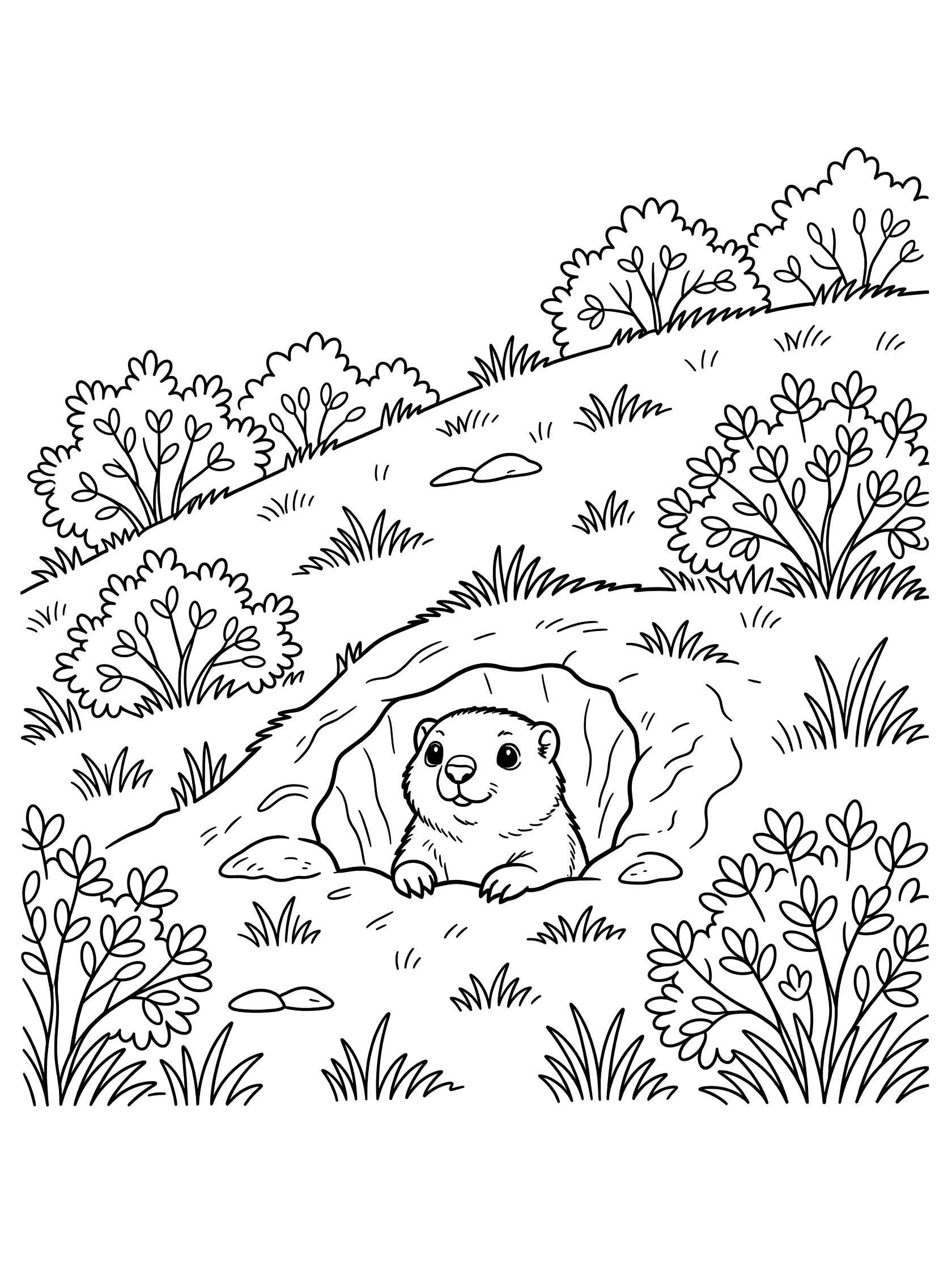 Black and white line art coloring page showing a marmot with big eyes and paws peeking head out from dark burrow hole in grassy hillside with bushes and grass.