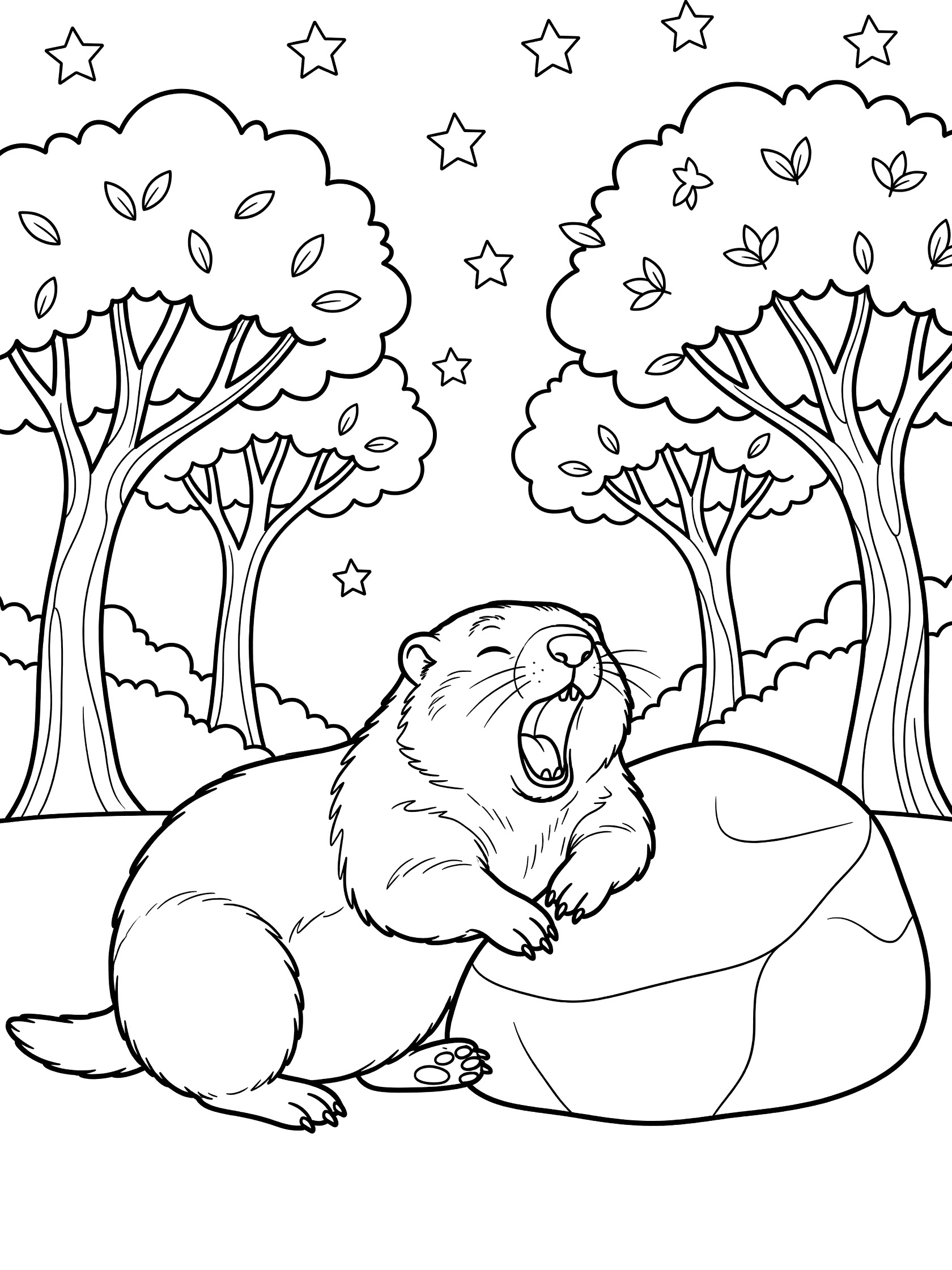 Black and white line art coloring page showing a marmot yawning widely next to a big boulder with trees and stars in the background.