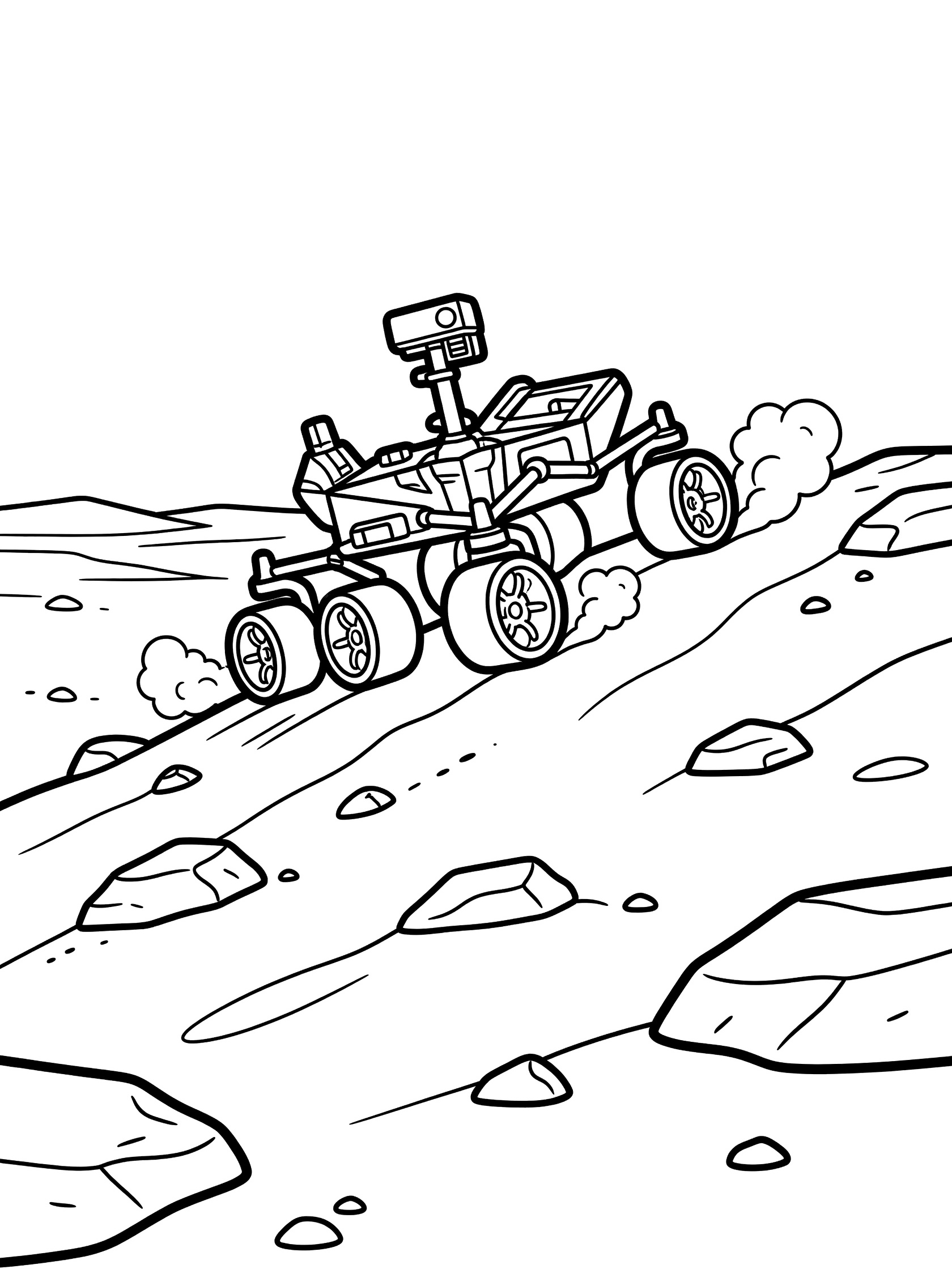 Black and white line art coloring page showing a six-wheeled Mars rover climbing a steep sandy hill on Mars, with dust clouds from wheels, jagged rocks on hillside, and flat plain below.
