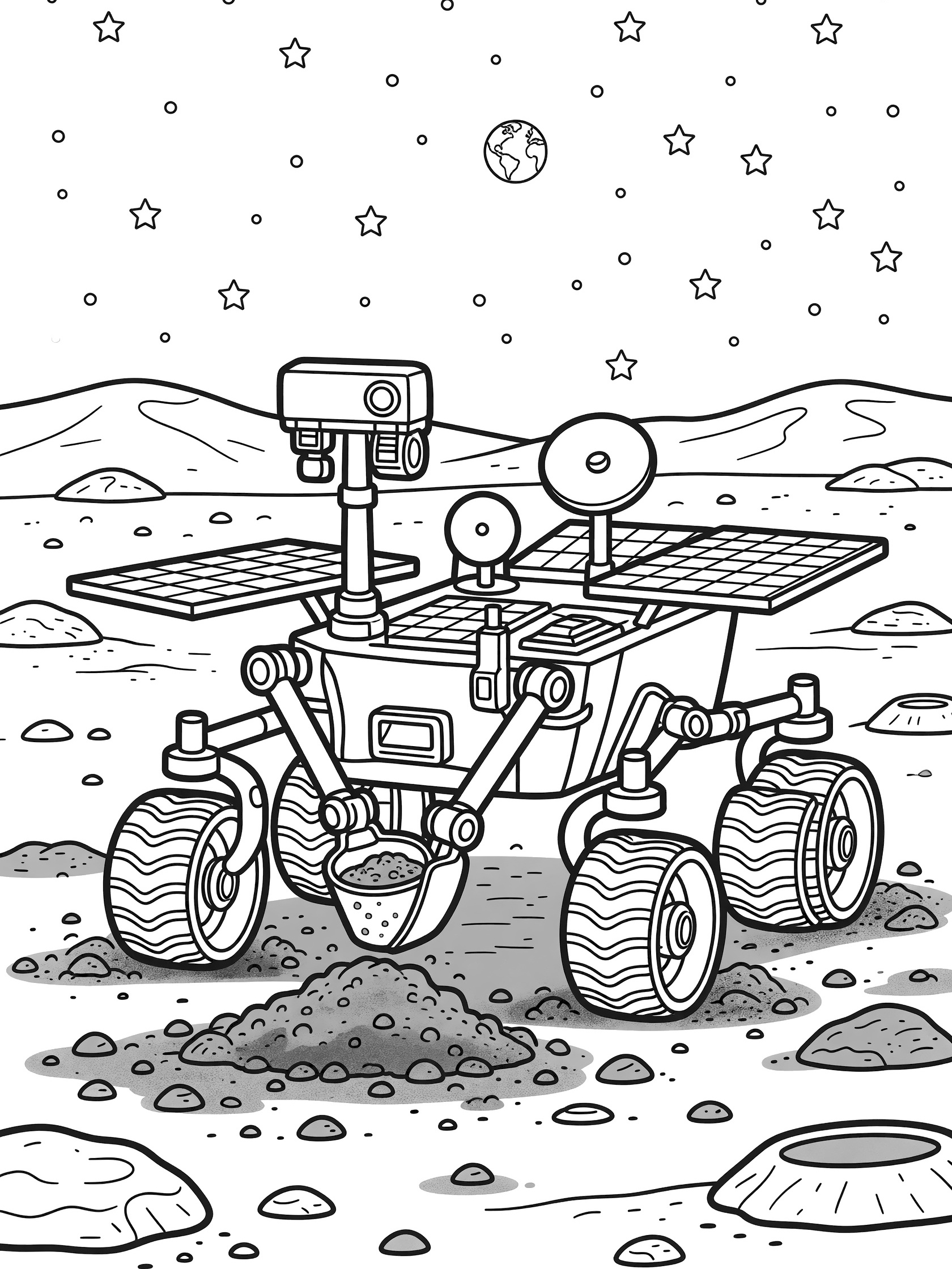Black and white line art of a Mars rover collecting a soil sample with its robotic arm on uneven red-dusted Martian terrain, surrounded by rocks, craters, hills, and a starry sky with Earth.