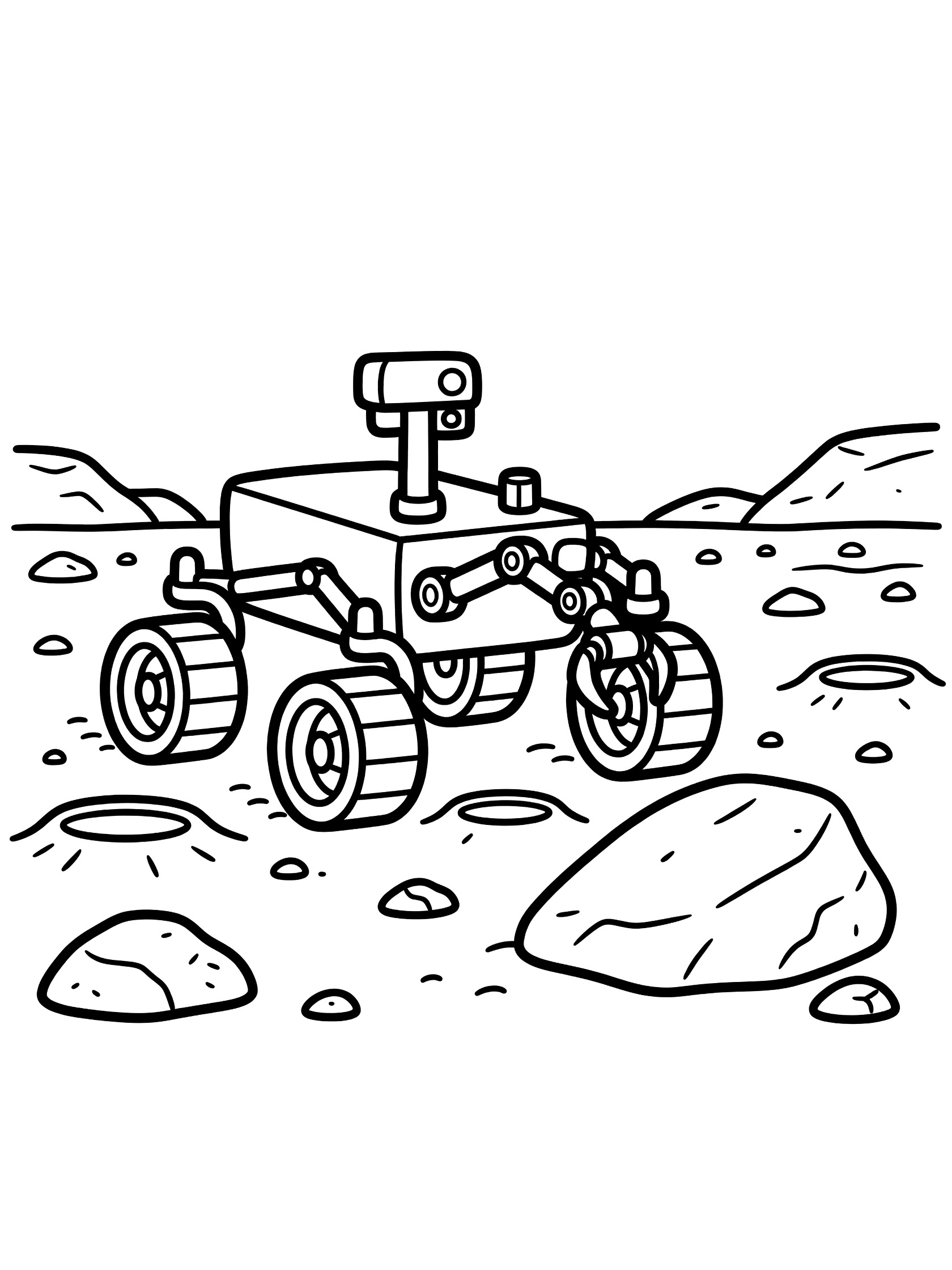 Black and white line art coloring page showing a cartoon Mars rover on rocky terrain with large wheels, robotic arm extended to a boulder, craters, and scattered stones.