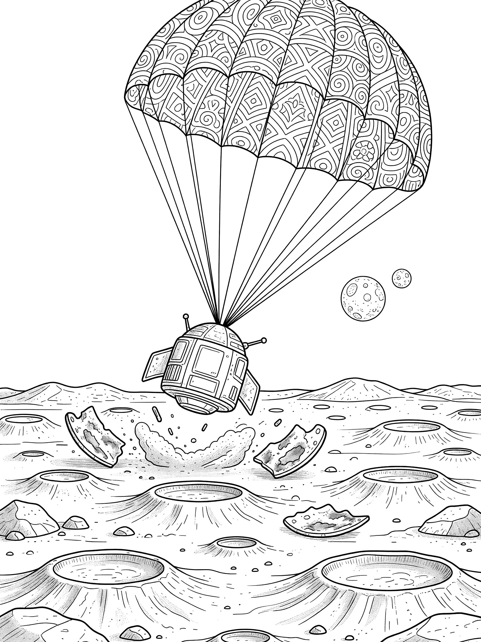 Black-and-white coloring page of a sci-fi space probe under a detailed patterned parachute, gently bouncing on cratered Martian ground with rocks, distant moons, and scattered heat shield debris.