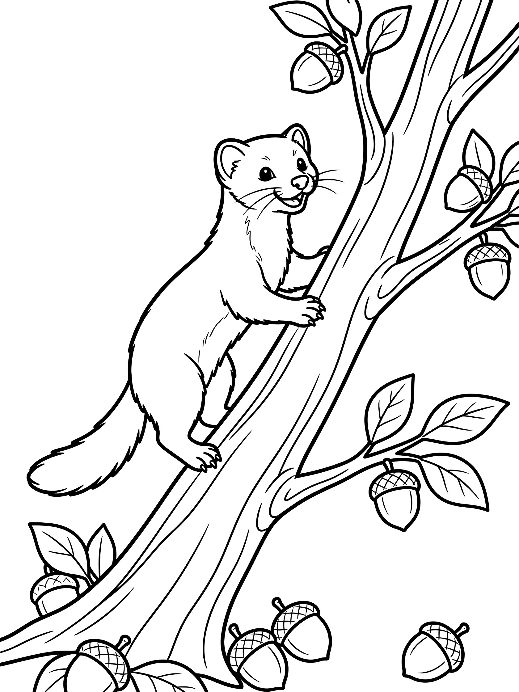 Black and white line art coloring page showing a cute marten climbing a tree branch surrounded by simple leaves and scattered acorns.