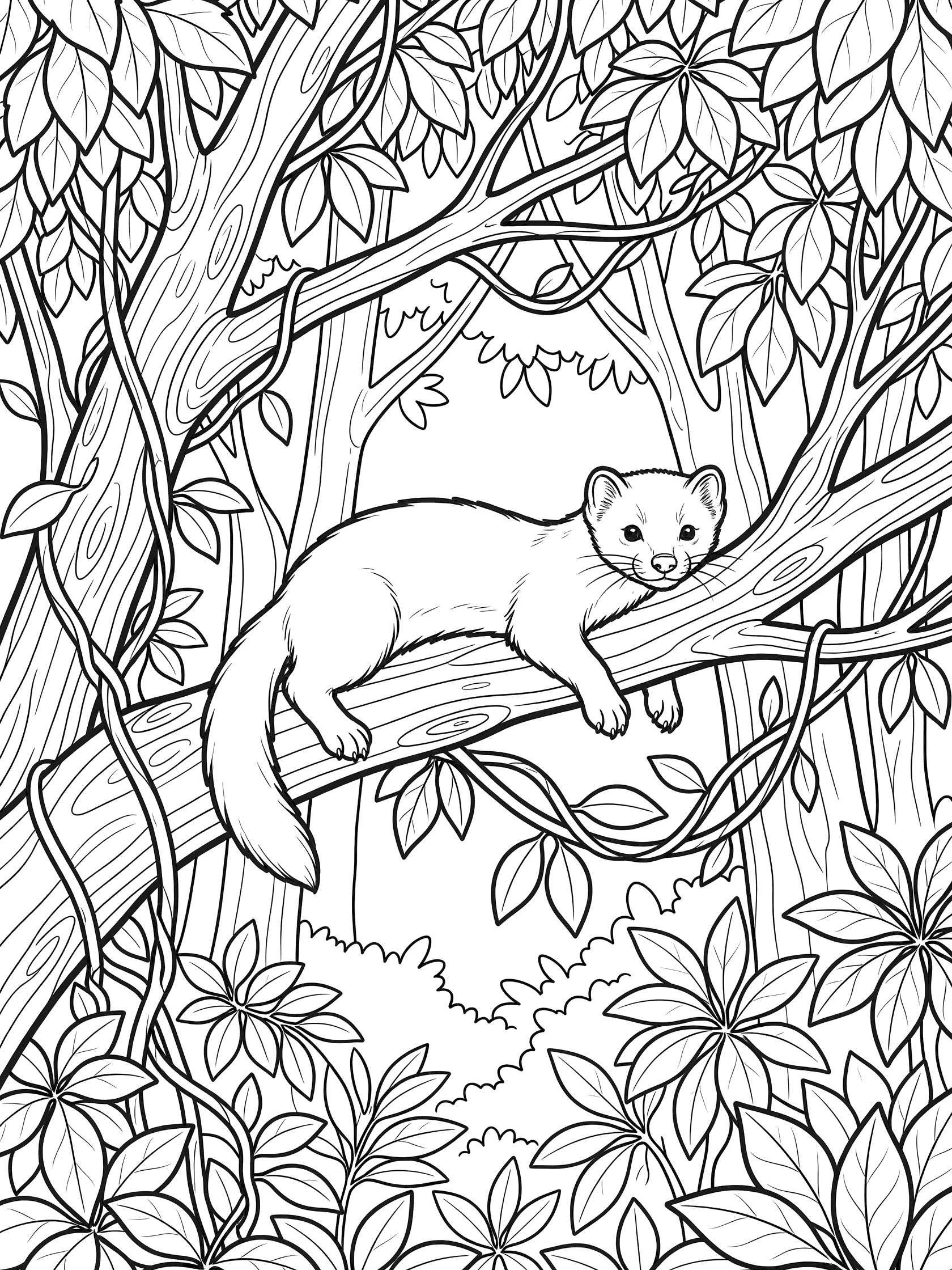 Black and white line art of a marten lying on a tree branch surrounded by forest leaves, vines, and branches. Coloring book style with bold outlines.