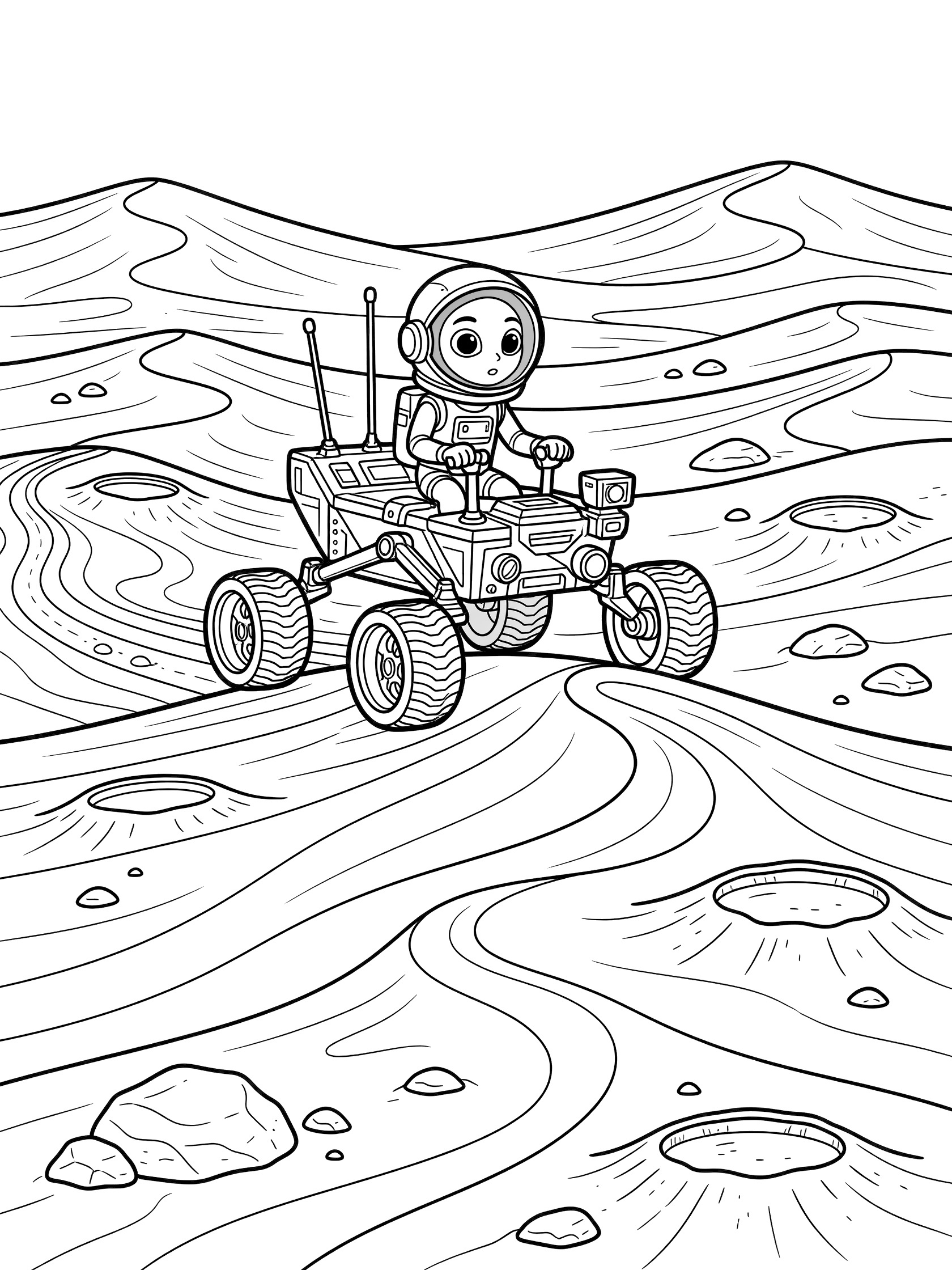Black and white coloring page of a Martian wearing a helmet driving a sturdy rover with antennae and big wheels across wavy dunes, rocks, and small craters on Mars.