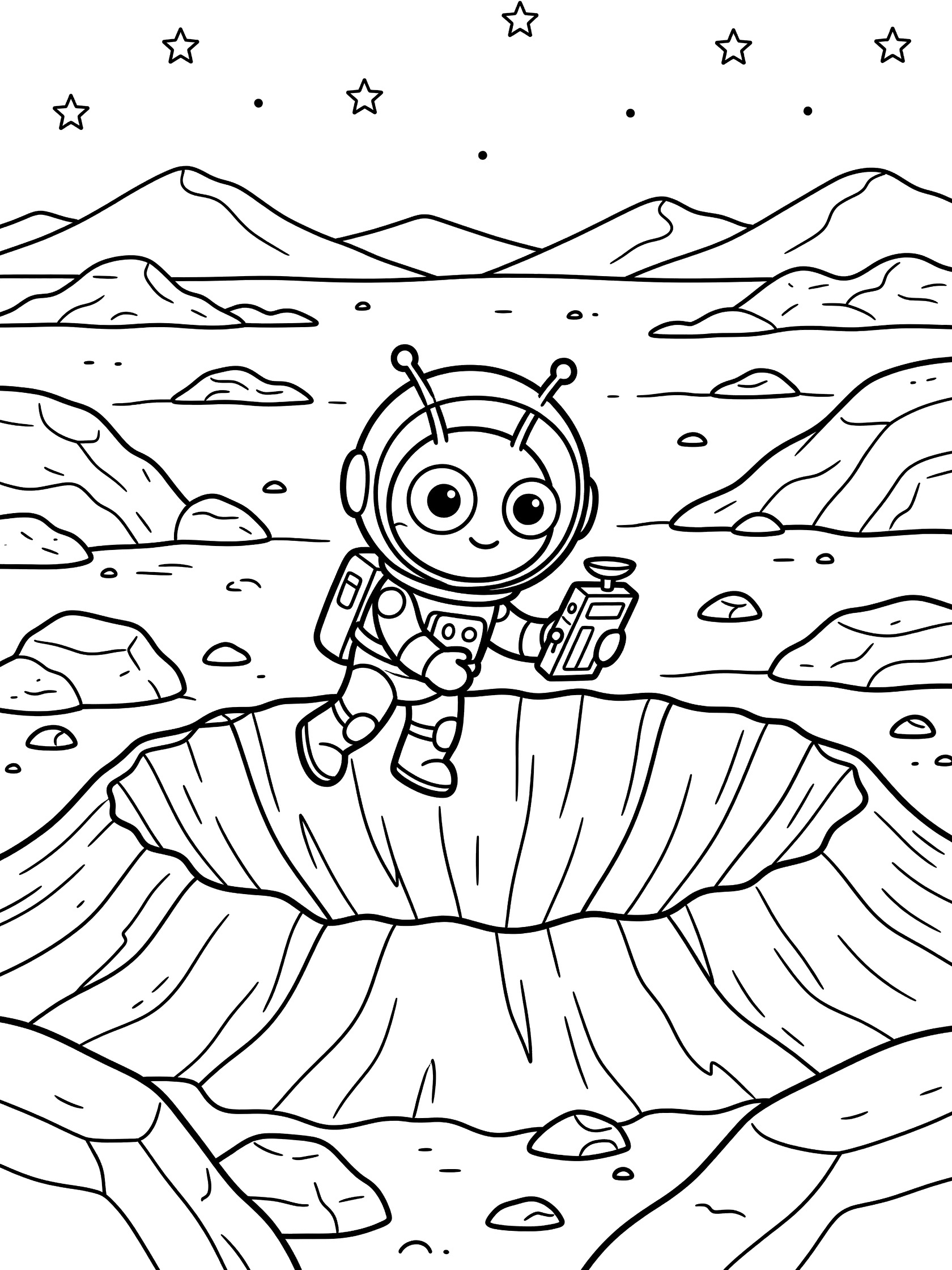 Black-and-white coloring page of a cute Martian astronaut holding a scanner at the edge of a large crater on Mars with starry sky and distant mountains.