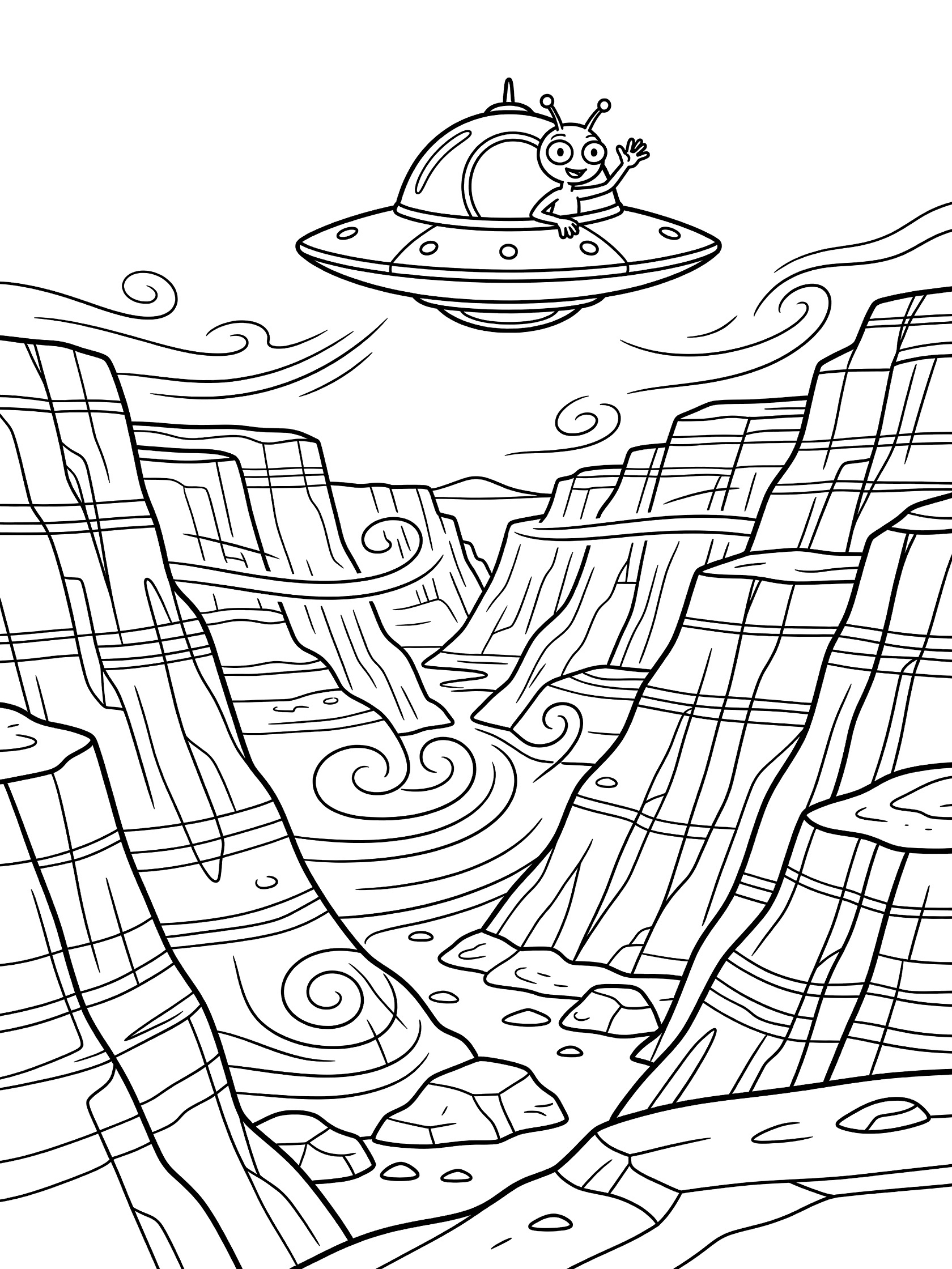 Line art coloring page showing a friendly Martian with antennae waving from the round window of a hovering flying saucer UFO above jagged canyon walls and swirling wind patterns