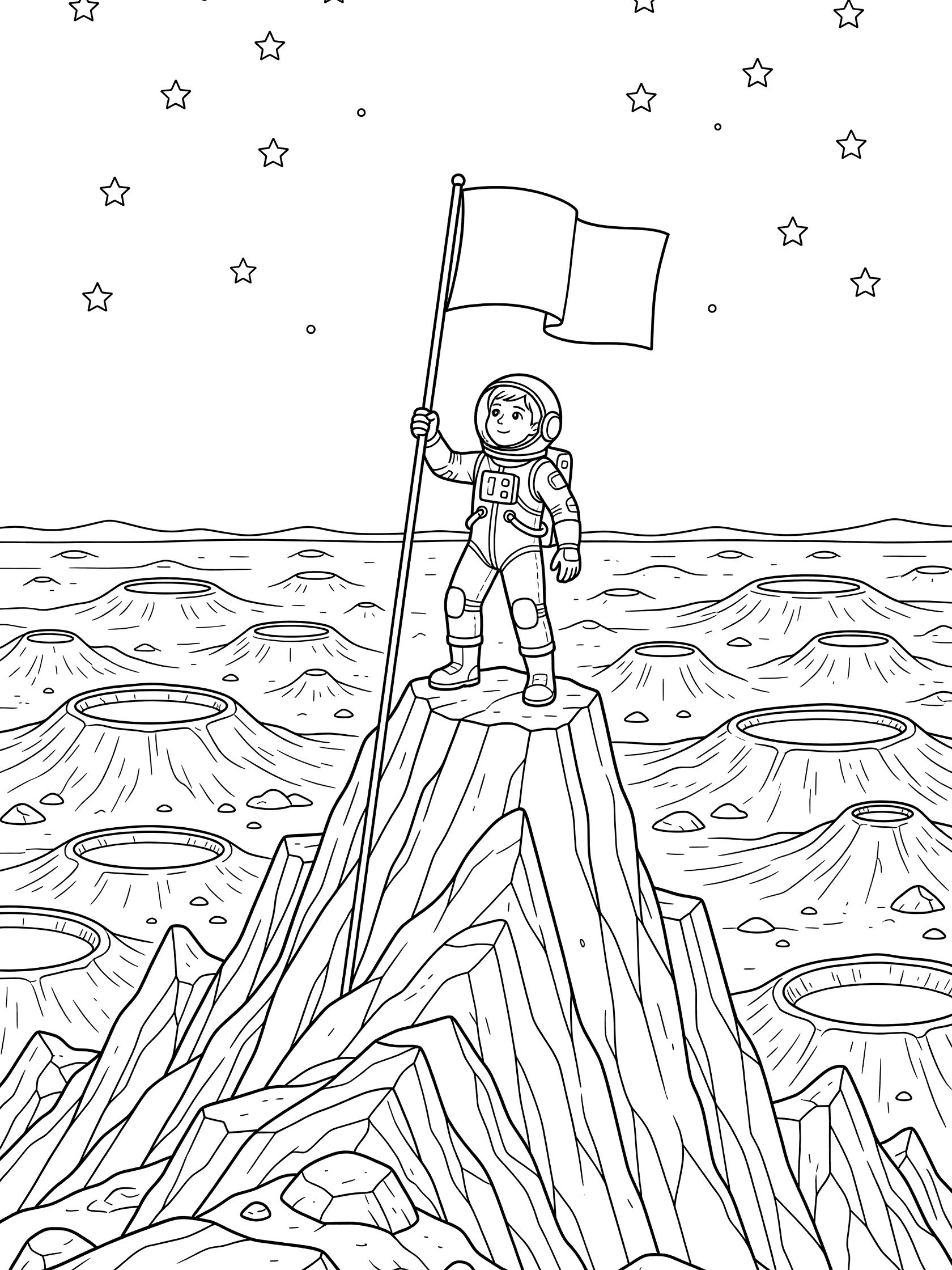 Black-and-white line art of a Martian astronaut thrusting a flag into the ground at the top of a craggy peak on a crater-filled Martian landscape under a starry sky.