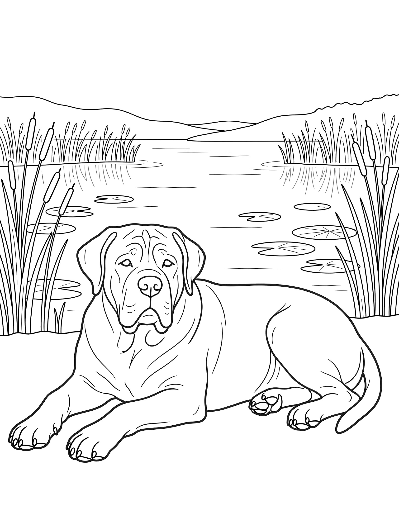 Black and white line art coloring page showing a Mastiff dog lying down by a pond with reeds, water, and lily pads