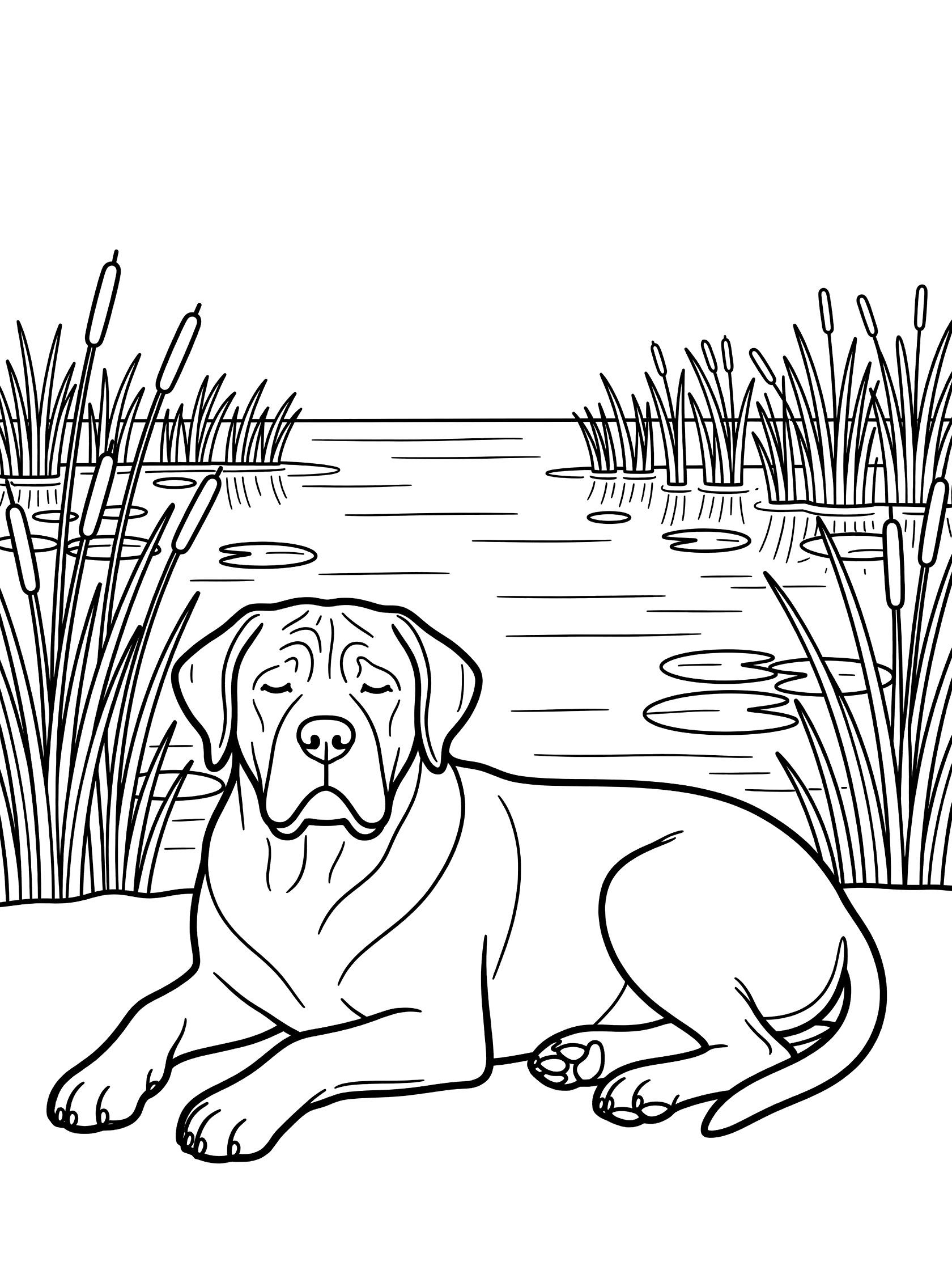 Black and white line art coloring page showing a Mastiff dog lying down with head on paws by a marsh lake surrounded by tall reeds and lily pads