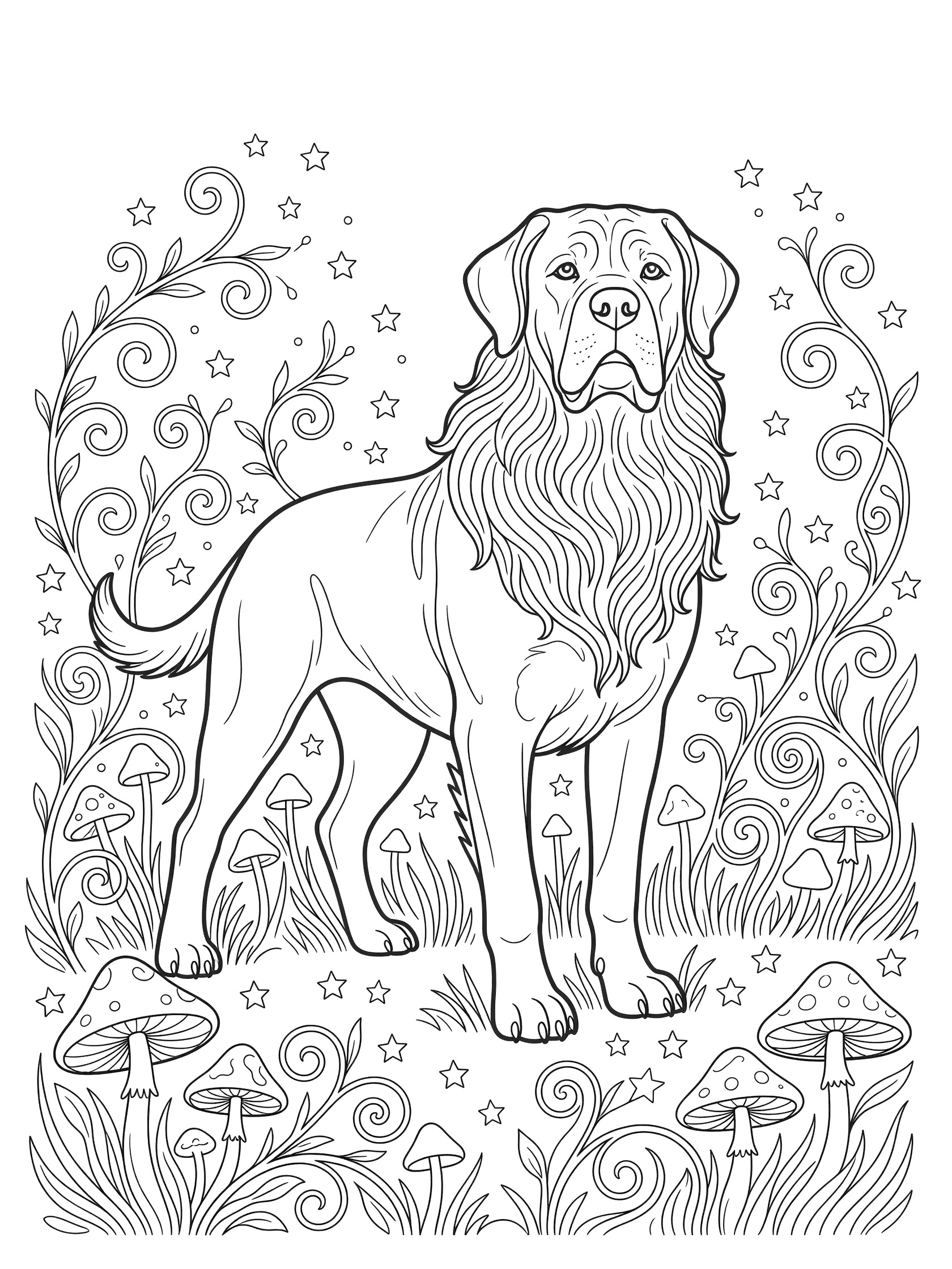 Black and white line art coloring page showing a large mastiff dog with flowing mane standing in a meadow surrounded by mushrooms, swirling vines, and stars.